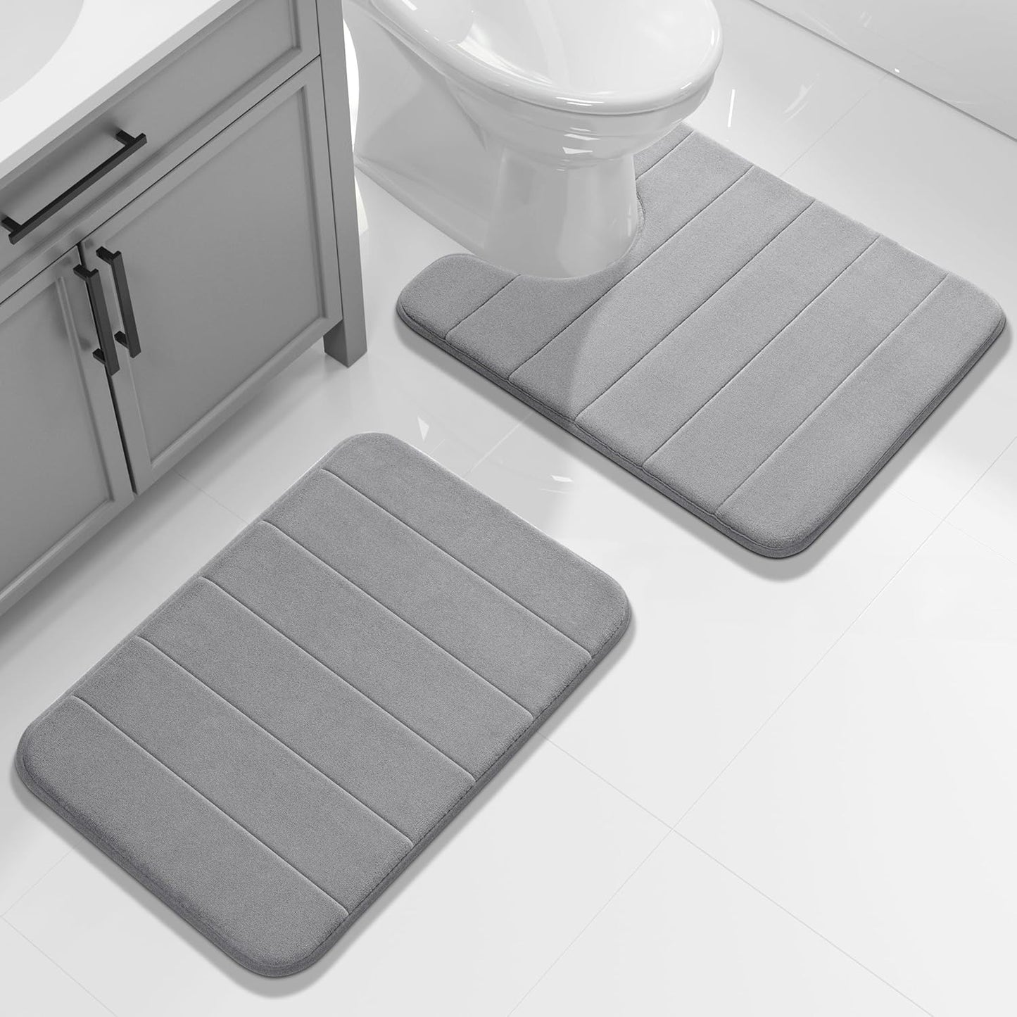 Yimobra Large Bath Mat Set 2 Piece- Super Soft Absorbent Quick Dry Memory Foam Bathroom Rugs, Machine Washable Non Slip Floor Carpet for Tub Shower & Double Vanity (17x24 & 44x24, Gray)