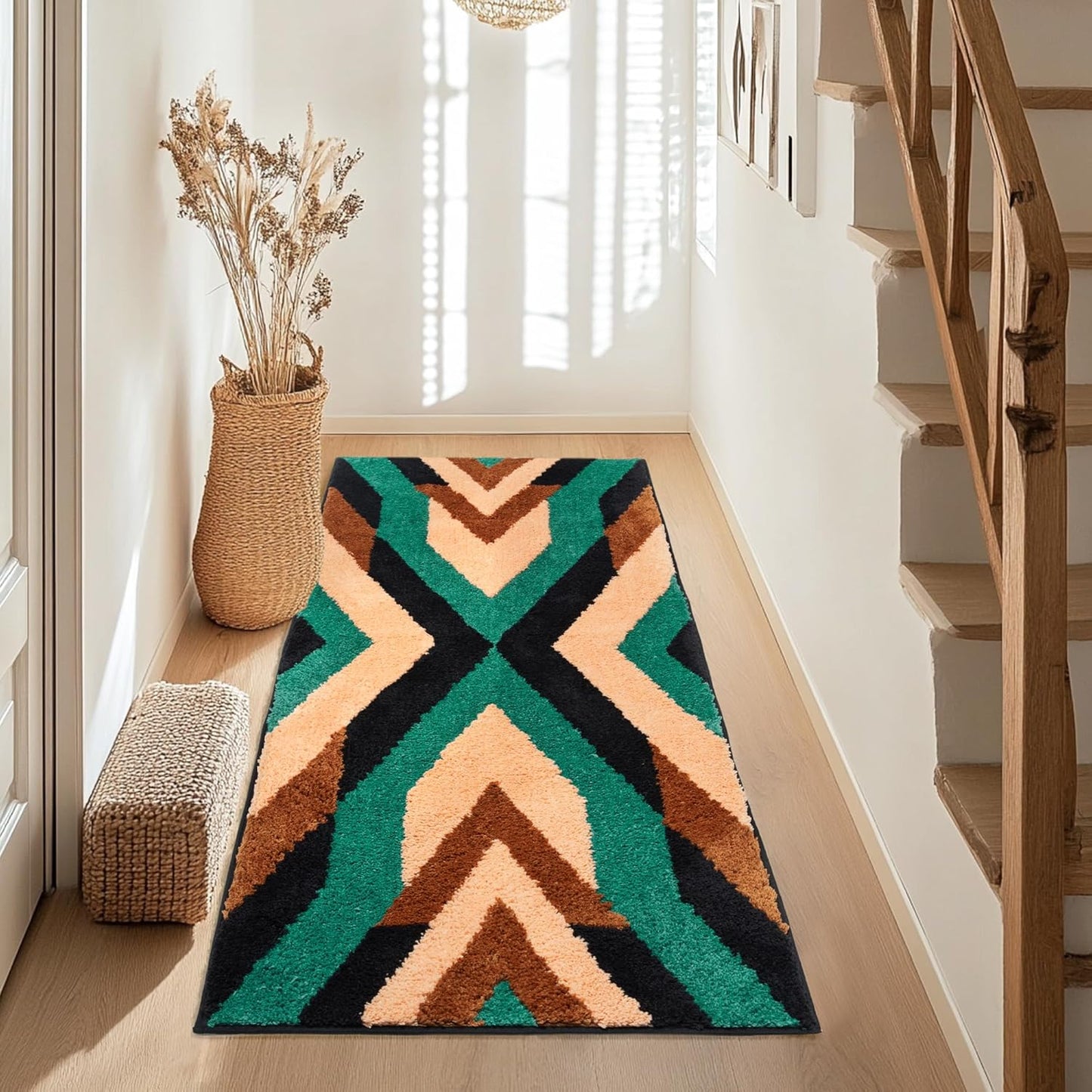Boho Long Bathroom Rugs Runner Non Slip Washable Western Aztec Bath Mats Rugs for Bathroom Hallway Plush Soft Absorbent Farmhouse Carpet for Shower, Kitchen, 24x60 inch, WhiteBrown