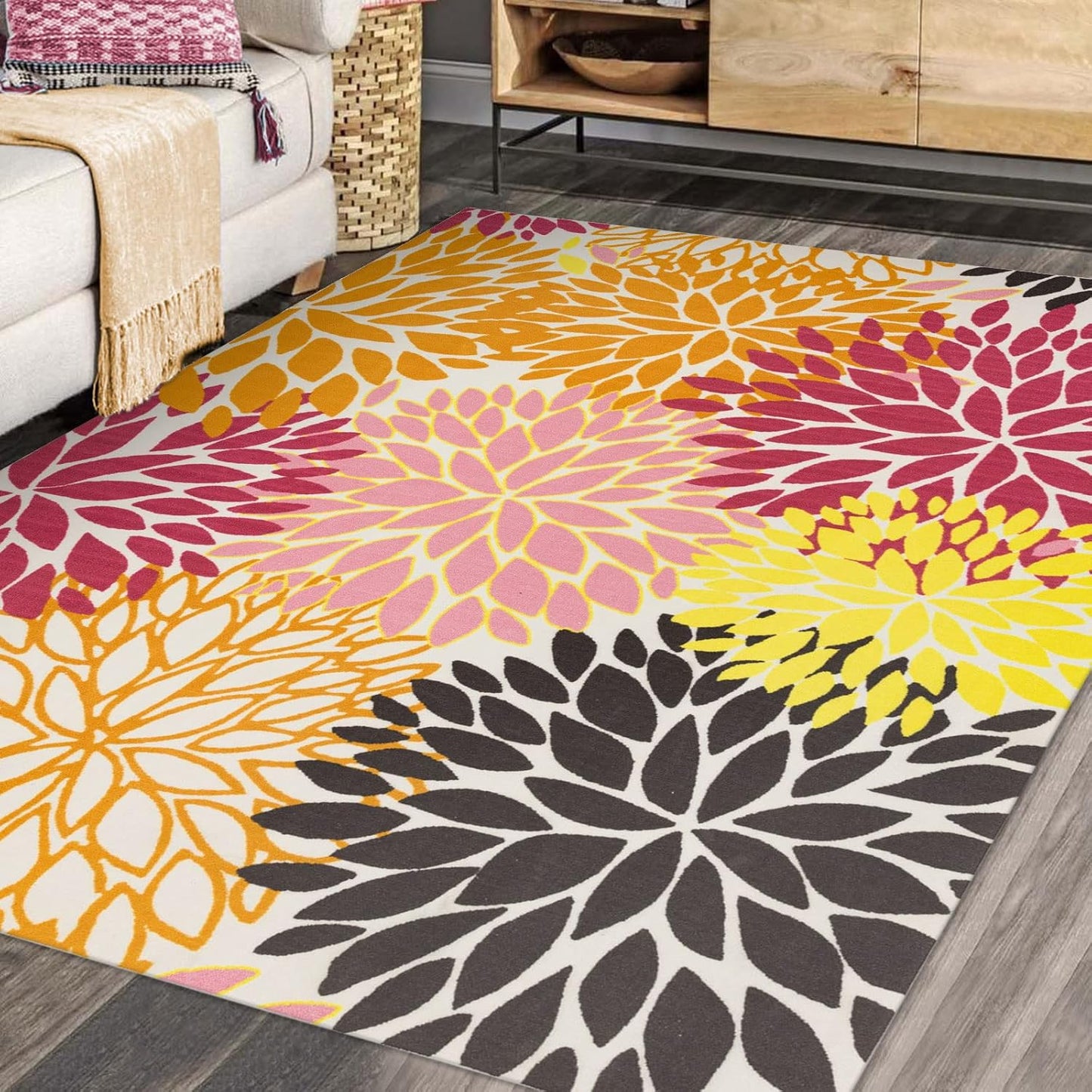DECOMALL Outdoor Rugs for Patio Deck Porch Balcony Backyard, Green Blue Flower, 5'x7'