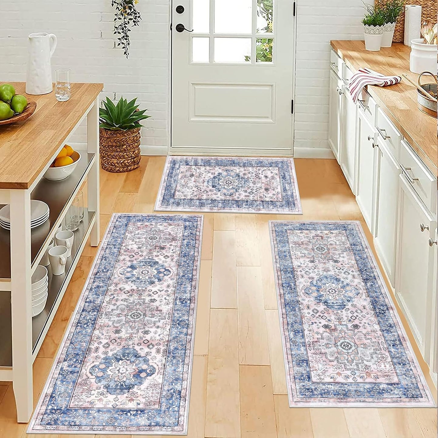 Pauwer Kitchen Mats for Floor 3 Piece Set Boho Non Slip Kitchen Rugs Washable Farmhouse Kitchen Floor Mats Thick Long Kitchen Throw Area Rug Carpet Runner for Hallway Entryway Laundry Bathroom, Blue