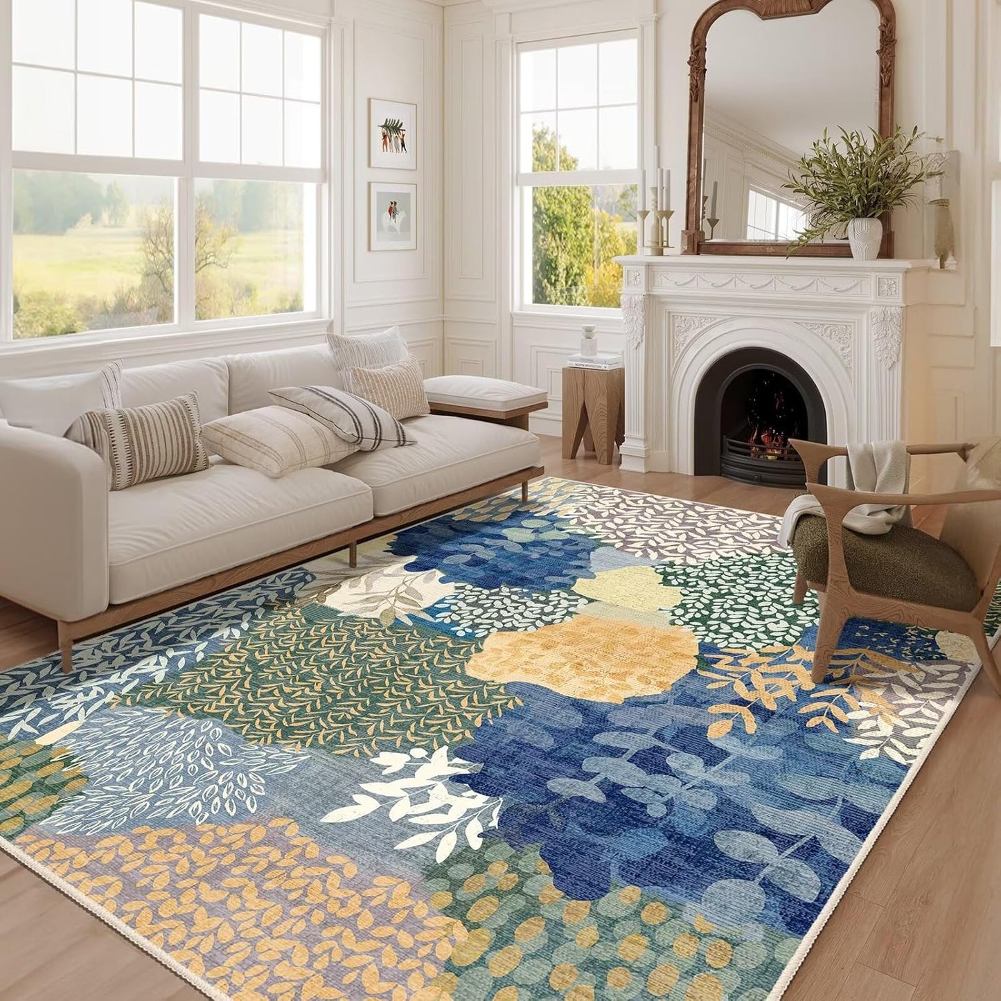 DEXDE Runner Rug 2x6 Washable Hallway Boho Soft Area Rugs Abstract Long Non Slip Botanical Leaves Floral Print Carpet for Entryway, Kitchen, Laundry, Bathroom, Bedroom,Blue