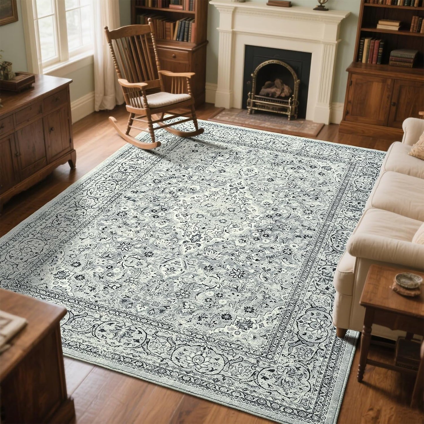 Washable Rug 4x6, Gray Area Rugs Non Slip, Indoor Low Pile Carpet with Rubber Backing for Living Room Kitchen Bathroom Entryway Office Bedroom