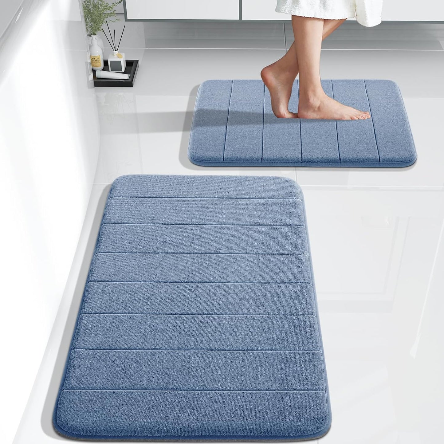 Yimobra Large Bath Mat Set 2 Piece- Super Soft Absorbent Quick Dry Memory Foam Bathroom Rugs, Machine Washable Non Slip Floor Carpet for Tub Shower & Double Vanity (17x24 & 44x24, Gray)