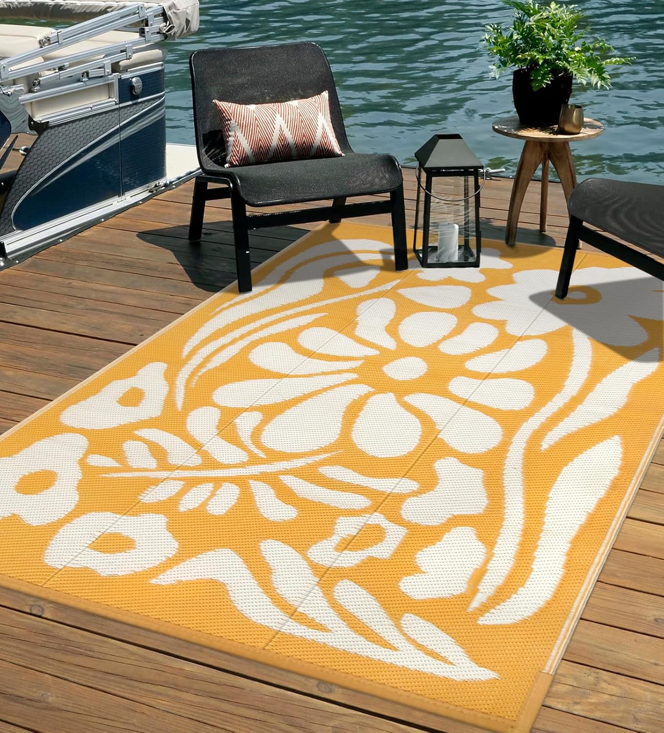 Uphome Outdoor Rug Mat Waterproof 5x8 ft, Reversible Outdoor Plastic Straw Rug, Orange Floral Patio Rug, Foldable RV Camping Rug, Indoor Outdoor Area Rug for Backyard Deck Pool Balcony Picnic, 5'x8'