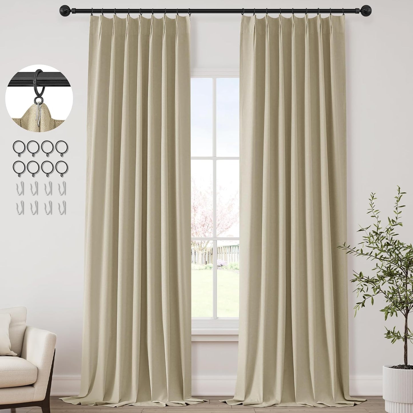 ChrisDowa Terracotta Pinch Pleated Blackout Linen Curtains 102 Inch Long 2 Panels for Living Room Bedroom Farmhouse Room darking Thermal Insulated Back Tab Hooks Rings Window Treatment Drapes,40x102