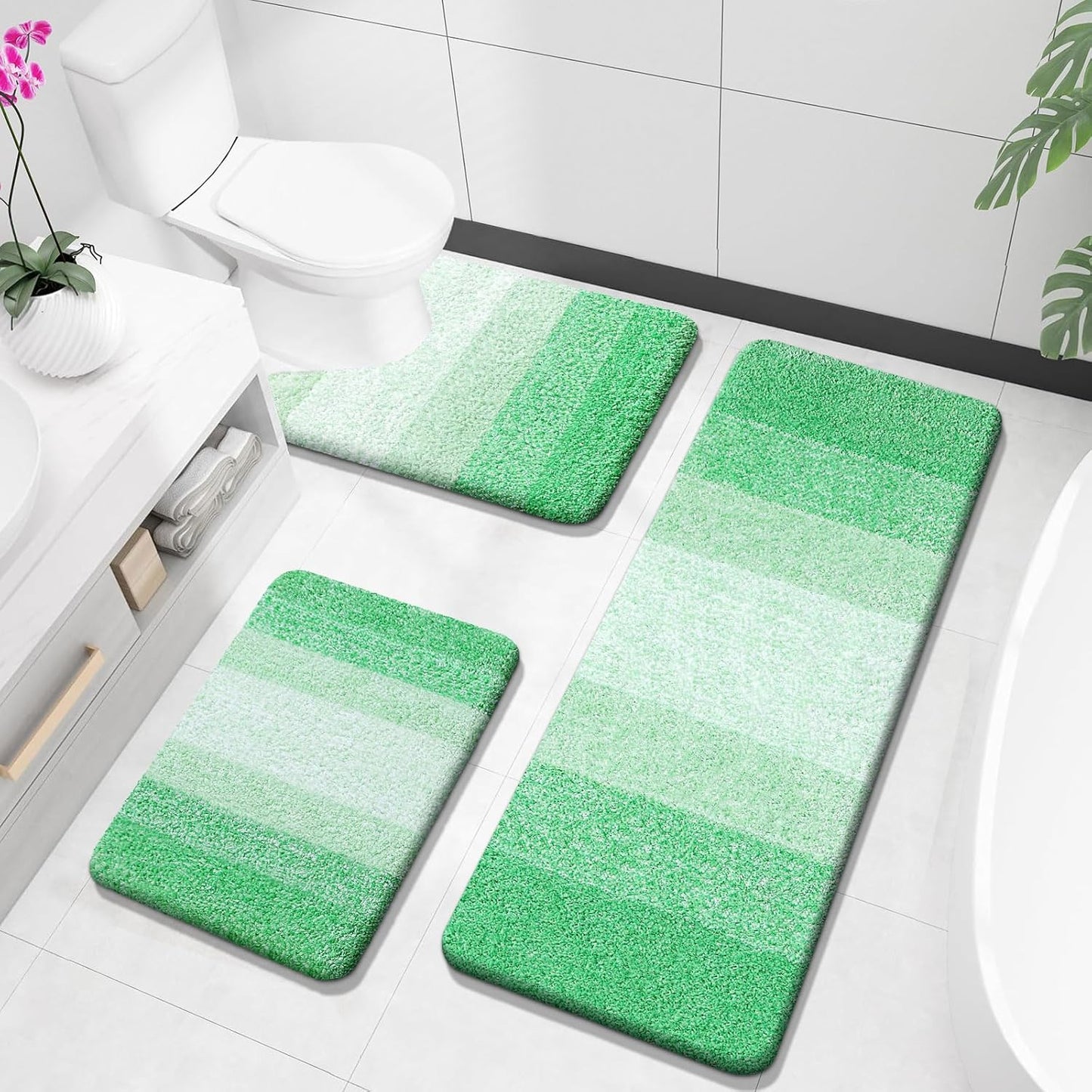OLANLY Bathroom Rugs Sets 3 Piece, Soft Absorbent Microfiber Bath Mats and U-Shaped Contour Toilet Rug, Plush Shaggy Bath Mat Set for Bathroom (30"x20"+24"x16"+24"x20", Blackish Green)