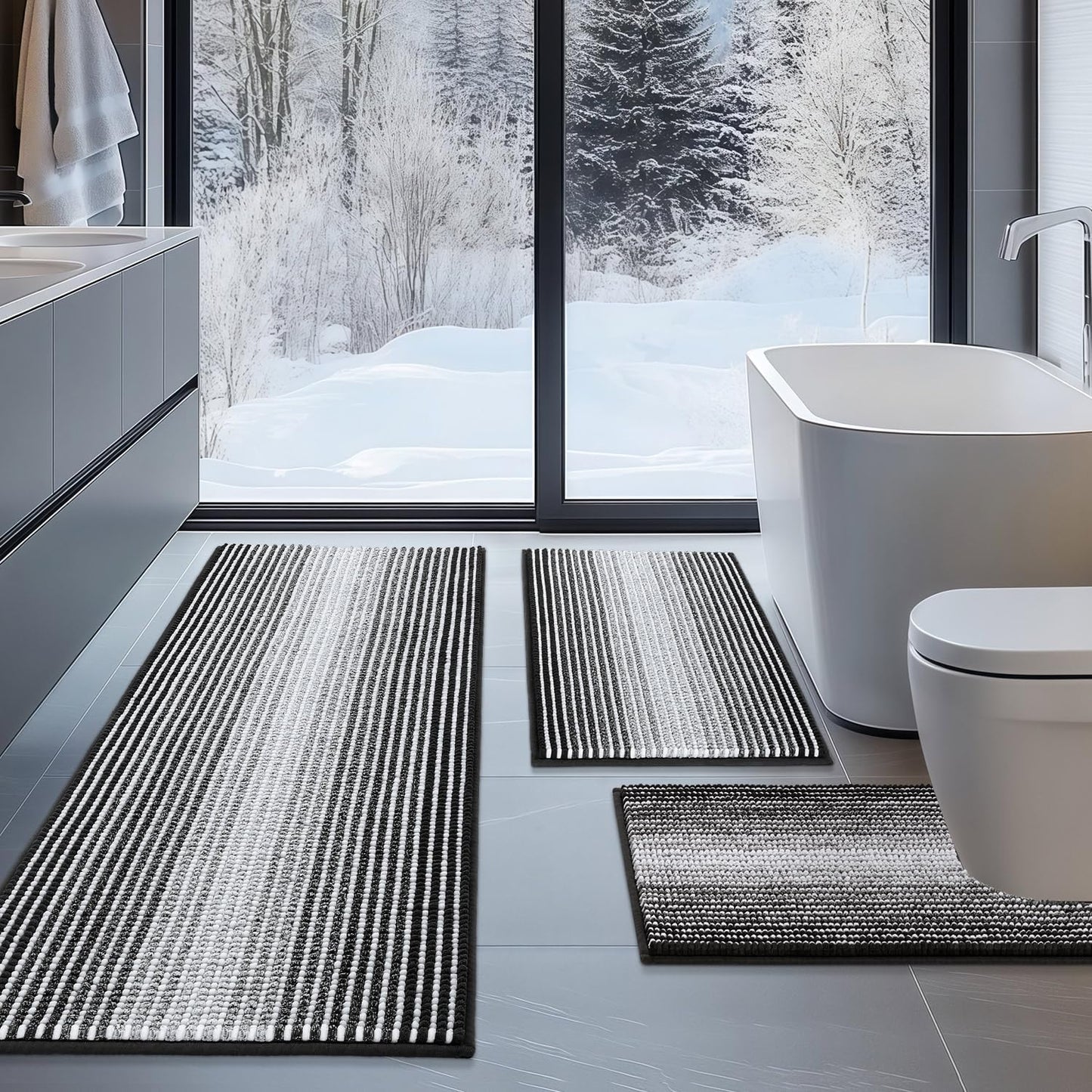 BSICPRO Bathroom Rugs Sets 3 Piece, Toilet Rugs U-Shaped Contour Bath Mat Set, Long Striped Absorbent Non Slip Chenille Shower Mat, Sage