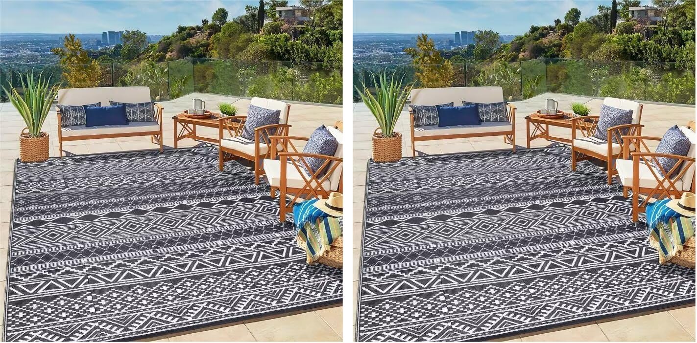 GAOMON Outdoor Plastic Straw Rug, 10'x20' Reversible Sage Green Patio Mat, Flower Modern Design for RV, Backyard, Deck, Camping, Picnic, Teal/Yellow(Bohemia)