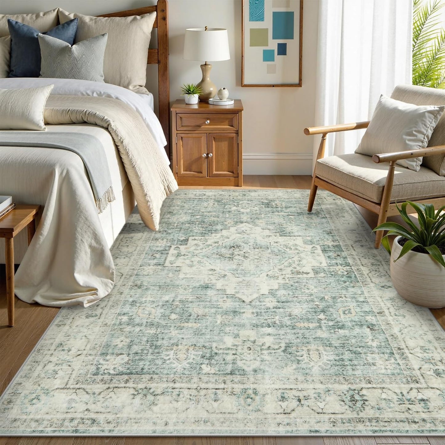 LIVEBOX Washable 2x6 Runner Rug for Bathroom, Non Slip Kitchen Mats for Floor Entryway, Boho Indoor Front Door Mat Low-Pile Runners for Hallways, Farmhouse Rugs for Laundry, Sage Green