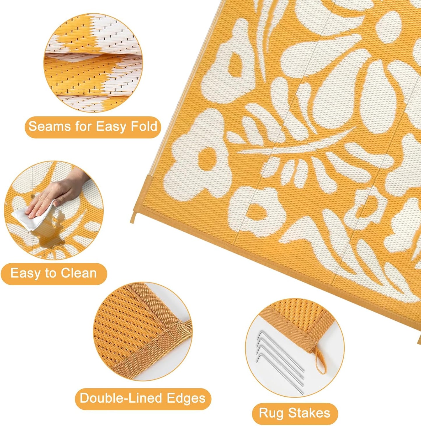 Uphome Outdoor Rug Mat Waterproof 5x8 ft, Reversible Outdoor Plastic Straw Rug, Orange Floral Patio Rug, Foldable RV Camping Rug, Indoor Outdoor Area Rug for Backyard Deck Pool Balcony Picnic, 5'x8'