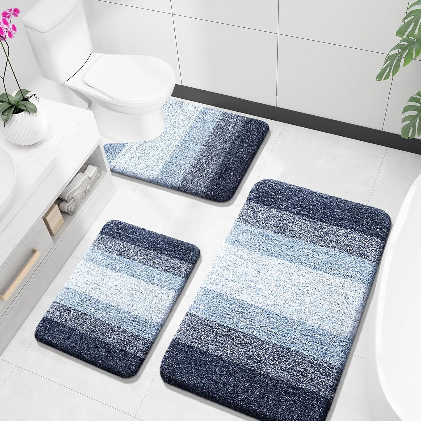 OLANLY Bathroom Rugs Sets 3 Piece, Soft Absorbent Microfiber Bath Mats and U-Shaped Contour Toilet Rug, Plush Shaggy Bath Mat Set for Bathroom (30"x20"+24"x16"+24"x20", Blackish Green)
