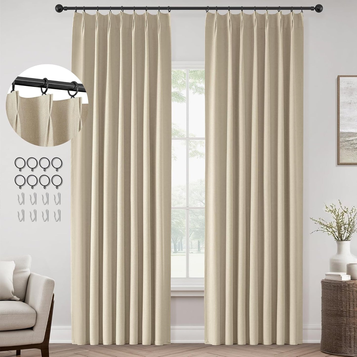 ChrisDowa Terracotta Pinch Pleated Blackout Linen Curtains 102 Inch Long 2 Panels for Living Room Bedroom Farmhouse Room darking Thermal Insulated Back Tab Hooks Rings Window Treatment Drapes,40x102