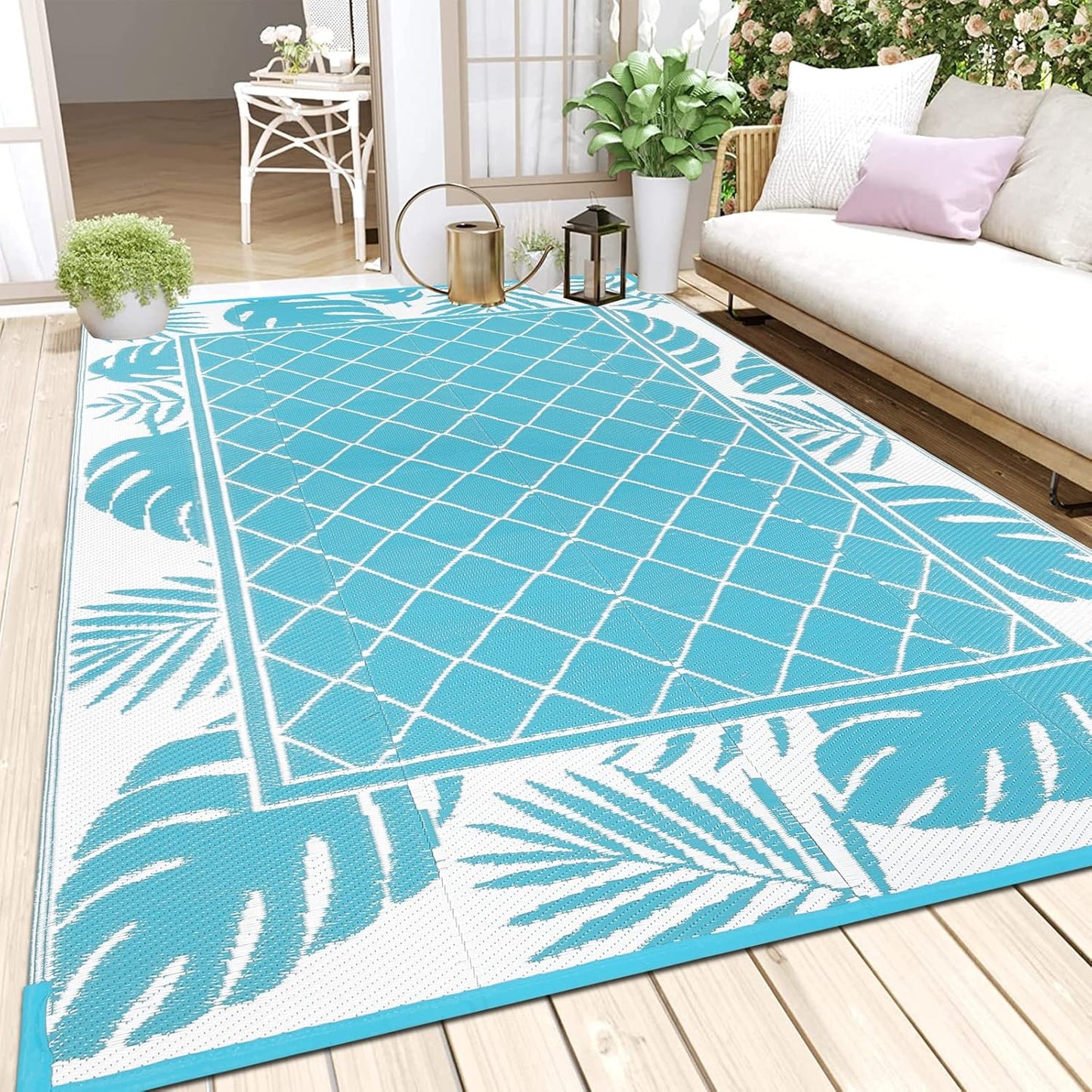 Ileading Reversible Outdoor Rug 6x9Ft Waterproof Patio Rug Carpet Portable Outdoor Plastic Straw Rug Large RV Camping Mat Rug for Patio, Clearance, Deck, Beach, Porch, Camping, Picnic, Flower Grey