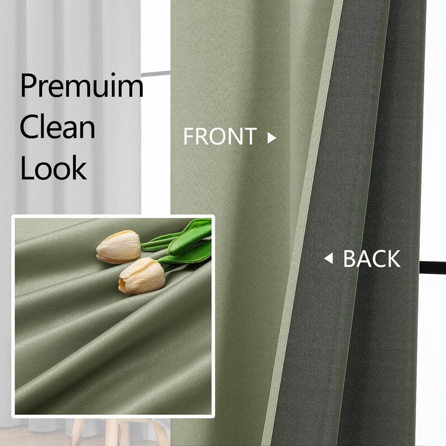 OWENIE Heidi Sage Green Curtains for Living Room 63 Inch Length 2 Panels Set, Light Filtering Solid Curtain for Bedroom, Rod Pocket Window Curtains & Drapes, 2 Pcs Each 40" W 63" L