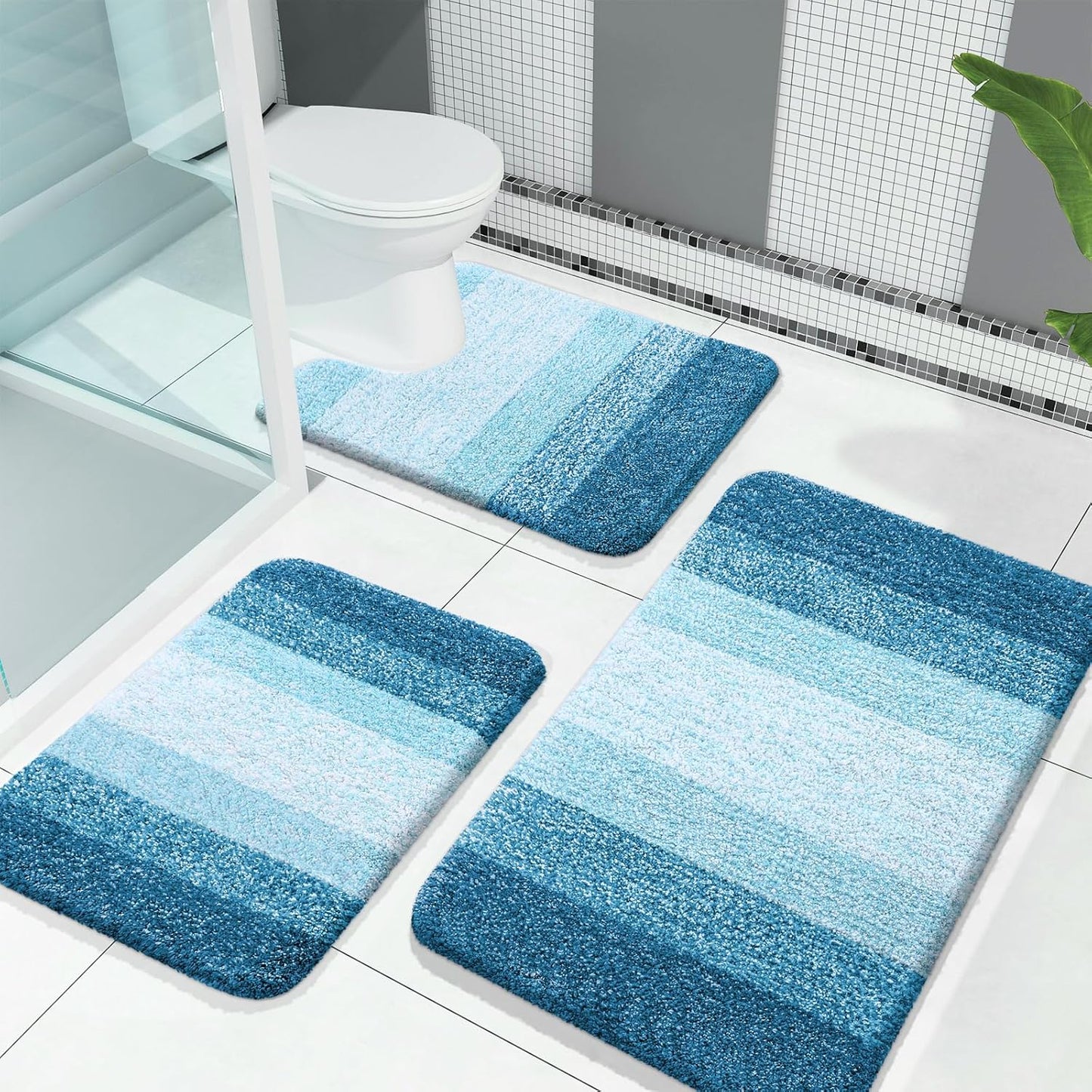 OLANLY Bathroom Rugs Sets 3 Piece, Soft Absorbent Microfiber Bath Mats and U-Shaped Contour Toilet Rug, Plush Shaggy Bath Mat Set for Bathroom (30"x20"+24"x16"+24"x20", Blackish Green)