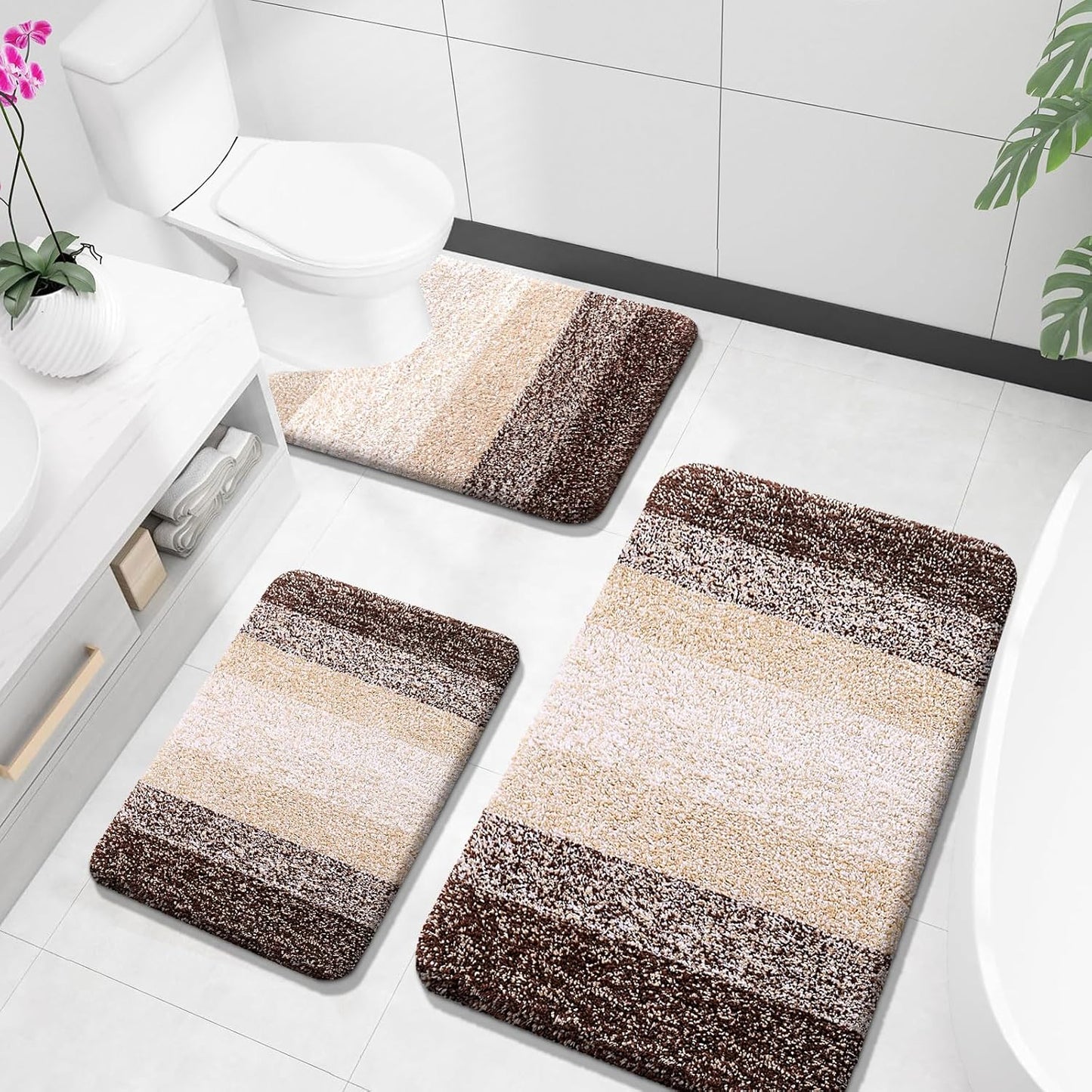 OLANLY Bathroom Rugs Sets 3 Piece, Soft Absorbent Microfiber Bath Mats and U-Shaped Contour Toilet Rug, Plush Shaggy Bath Mat Set for Bathroom (30"x20"+24"x16"+24"x20", Blackish Green)
