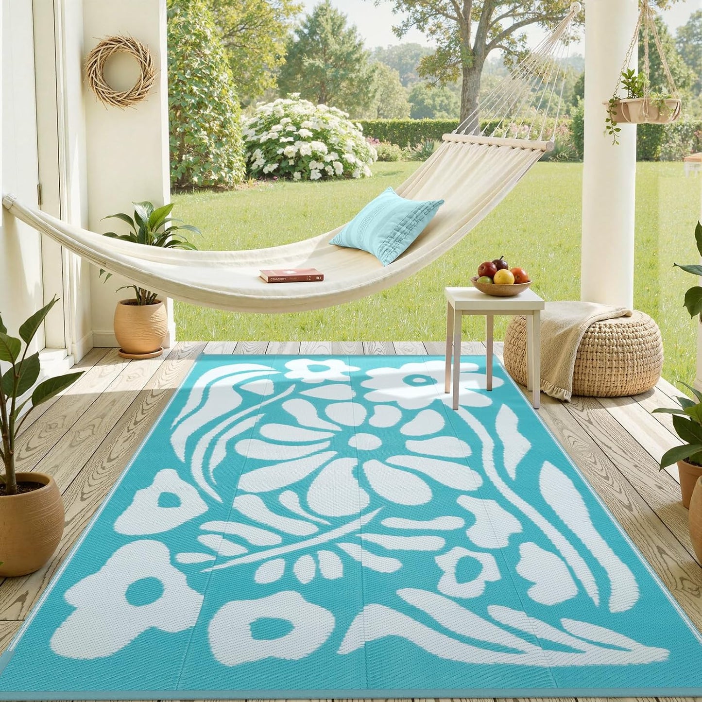 Uphome Outdoor Rug Mat Waterproof 5x8 ft, Reversible Outdoor Plastic Straw Rug, Orange Floral Patio Rug, Foldable RV Camping Rug, Indoor Outdoor Area Rug for Backyard Deck Pool Balcony Picnic, 5'x8'