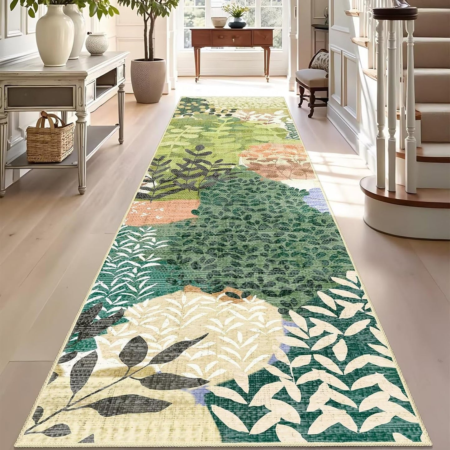 DEXDE Runner Rug 2x6 Washable Hallway Boho Soft Area Rugs Abstract Long Non Slip Botanical Leaves Floral Print Carpet for Entryway, Kitchen, Laundry, Bathroom, Bedroom,Blue