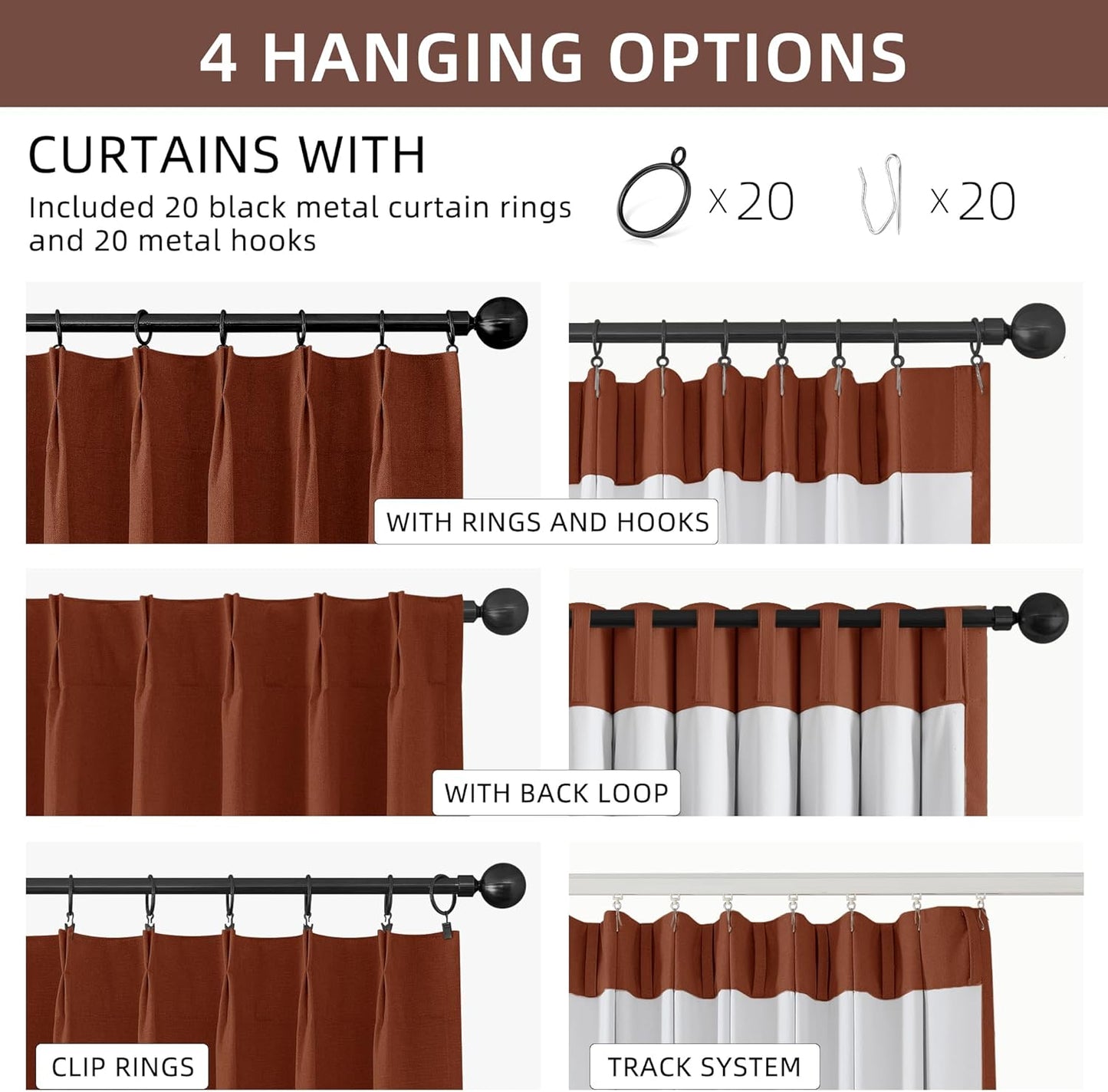 ChrisDowa Terracotta Pinch Pleated Blackout Linen Curtains 102 Inch Long 2 Panels for Living Room Bedroom Farmhouse Room darking Thermal Insulated Back Tab Hooks Rings Window Treatment Drapes,40x102