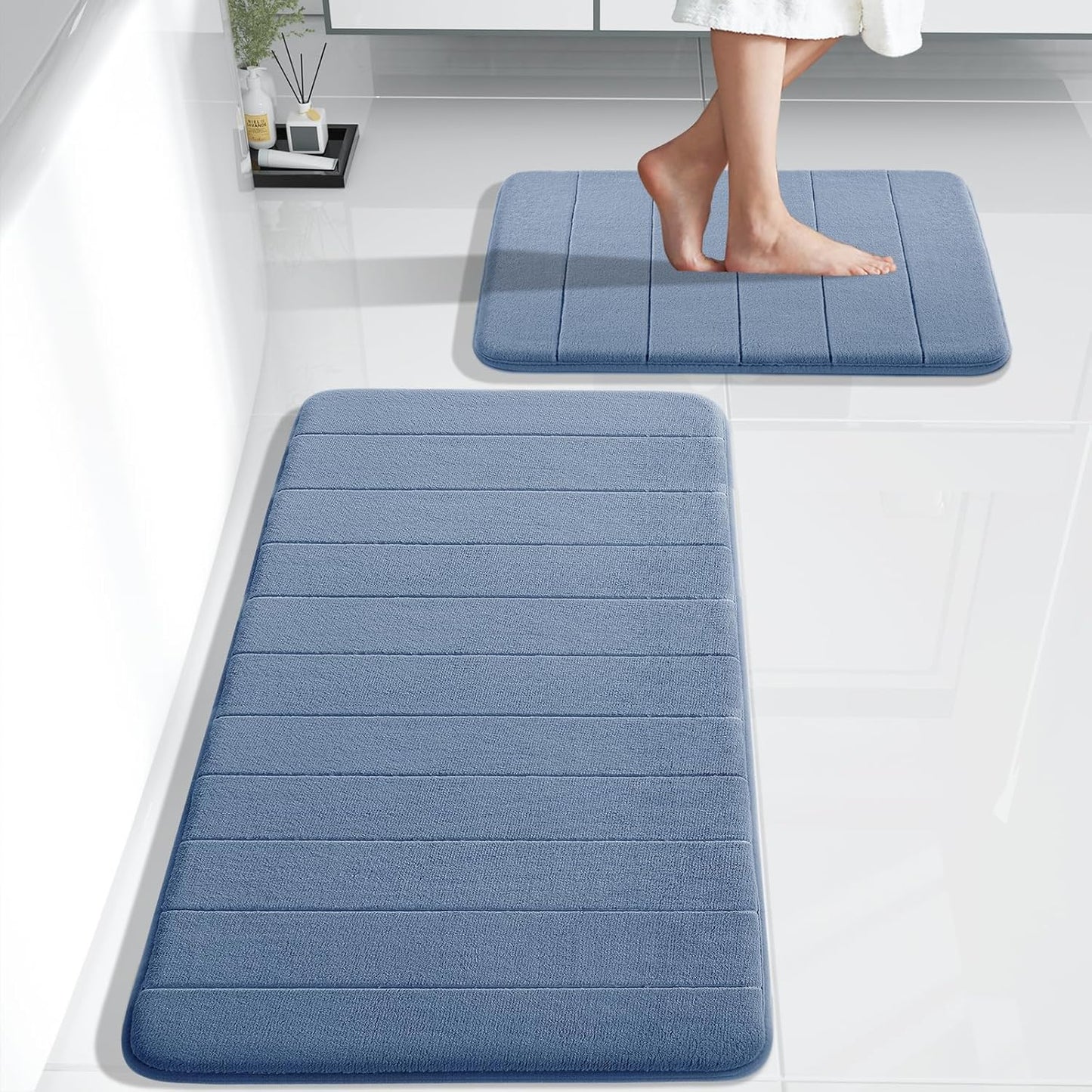 Yimobra Large Bath Mat Set 2 Piece- Super Soft Absorbent Quick Dry Memory Foam Bathroom Rugs, Machine Washable Non Slip Floor Carpet for Tub Shower & Double Vanity (17x24 & 44x24, Gray)