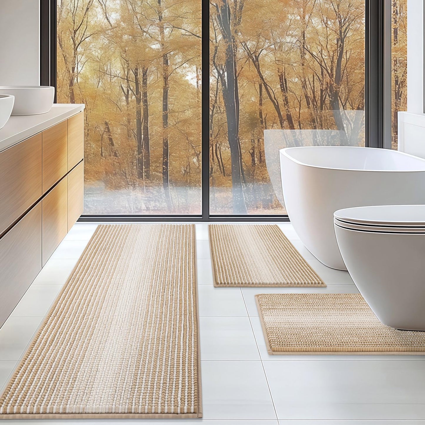 BSICPRO Bathroom Rugs Sets 3 Piece, Toilet Rugs U-Shaped Contour Bath Mat Set, Long Striped Absorbent Non Slip Chenille Shower Mat, Sage