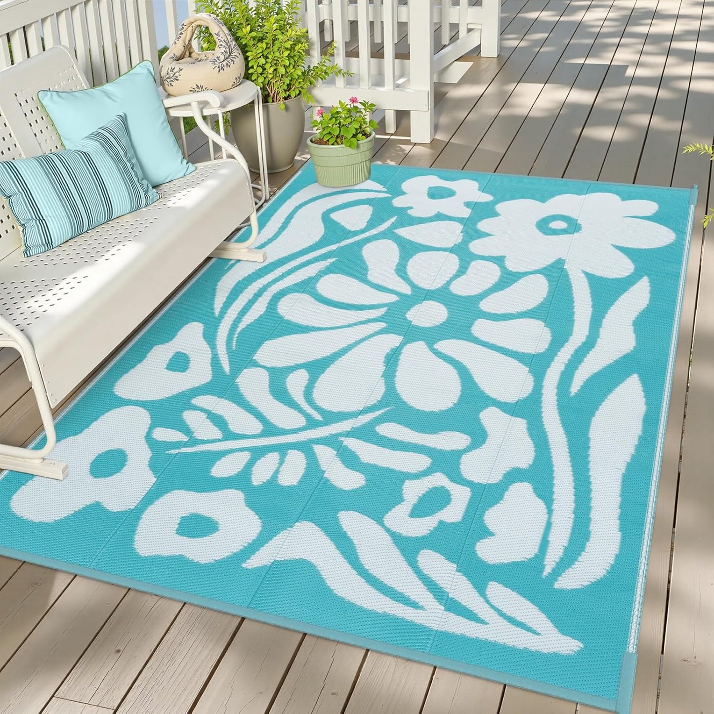 Uphome Outdoor Rug Mat Waterproof 5x8 ft, Reversible Outdoor Plastic Straw Rug, Orange Floral Patio Rug, Foldable RV Camping Rug, Indoor Outdoor Area Rug for Backyard Deck Pool Balcony Picnic, 5'x8'