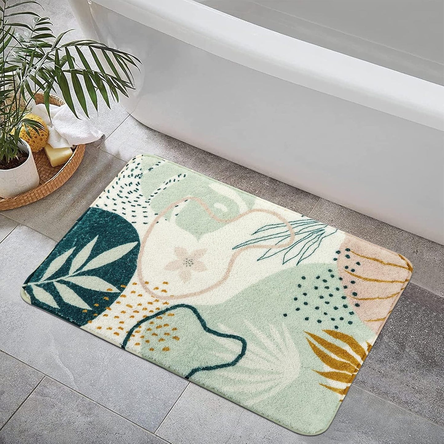 Uphome Sage Green Bathroom Rug Set, Cute Abstract Plant Bath Mat Set, Non Slip Machine Washable Bath Rugs, Soft Velvet Small Bathroom Mat, Mid Centry Aesthetic Botanical Floor Mats for Tub Sink Shower