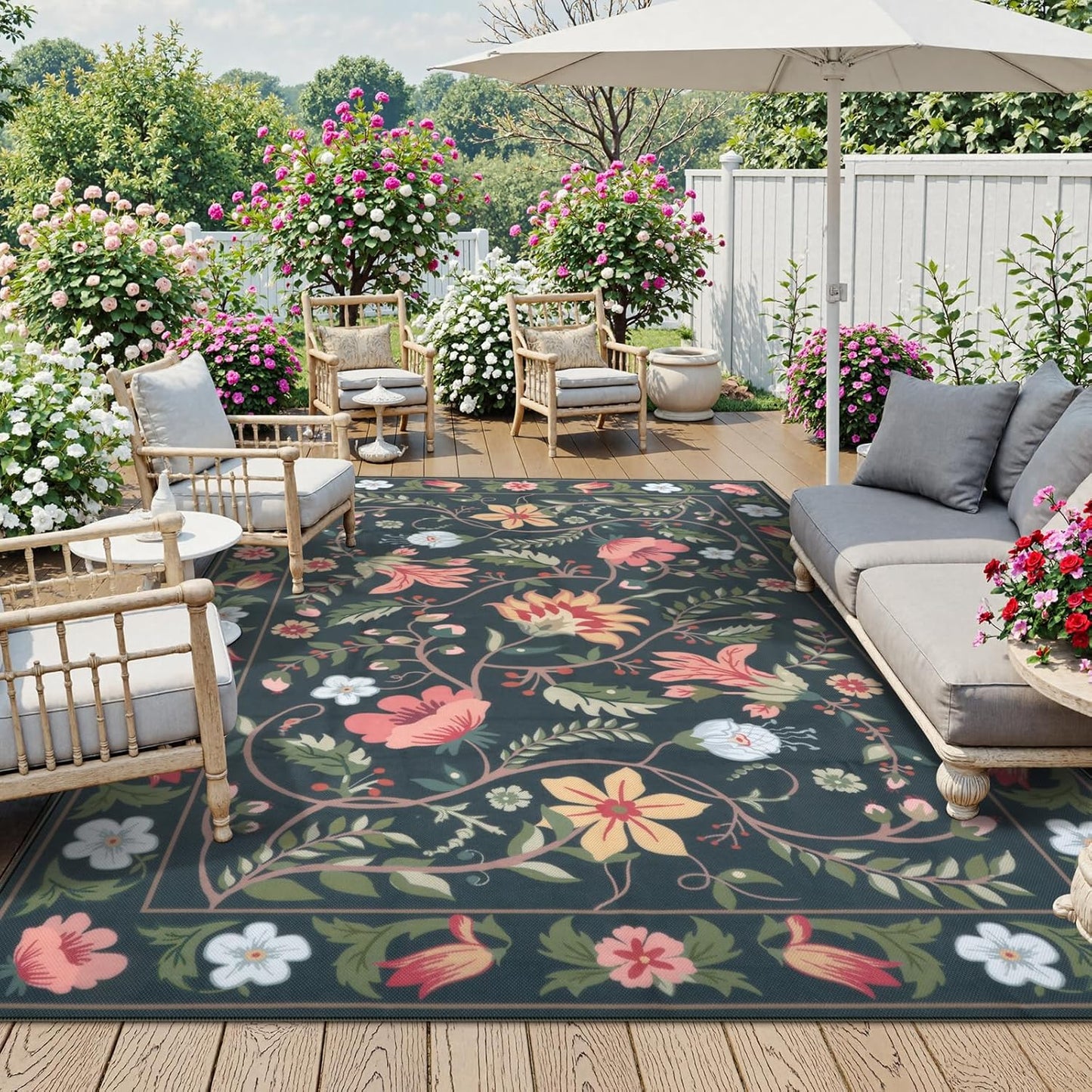Uphome Indoor Outdoor Area Rug 6x9 ft, Large Floral Patio Rugs for RV Camping Outside, Washable Living Room Mat Non Slip, Breathable Floor Carpet for Bedroom Deck Porch Backyard, Black