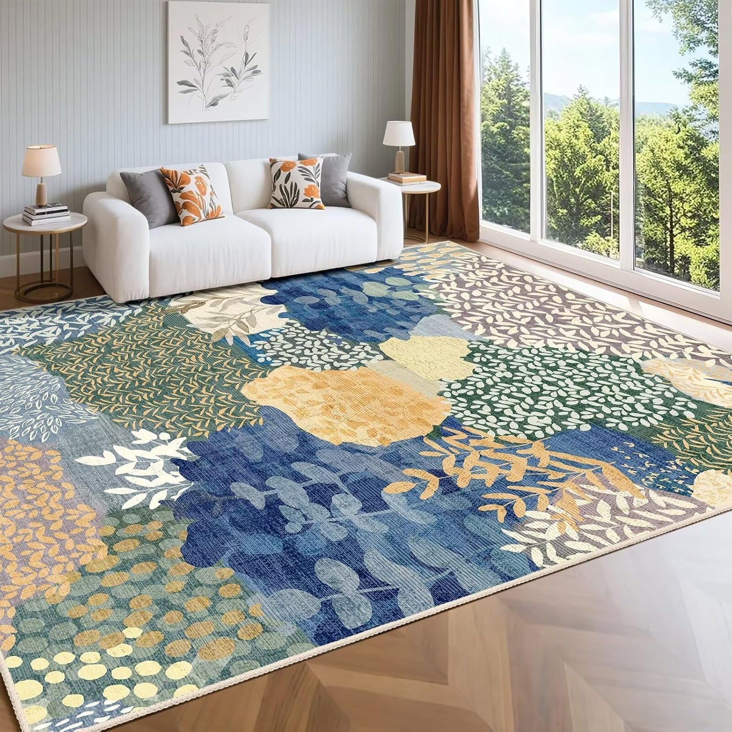 DEXDE Runner Rug 2x6 Washable Hallway Boho Soft Area Rugs Abstract Long Non Slip Botanical Leaves Floral Print Carpet for Entryway, Kitchen, Laundry, Bathroom, Bedroom,Blue