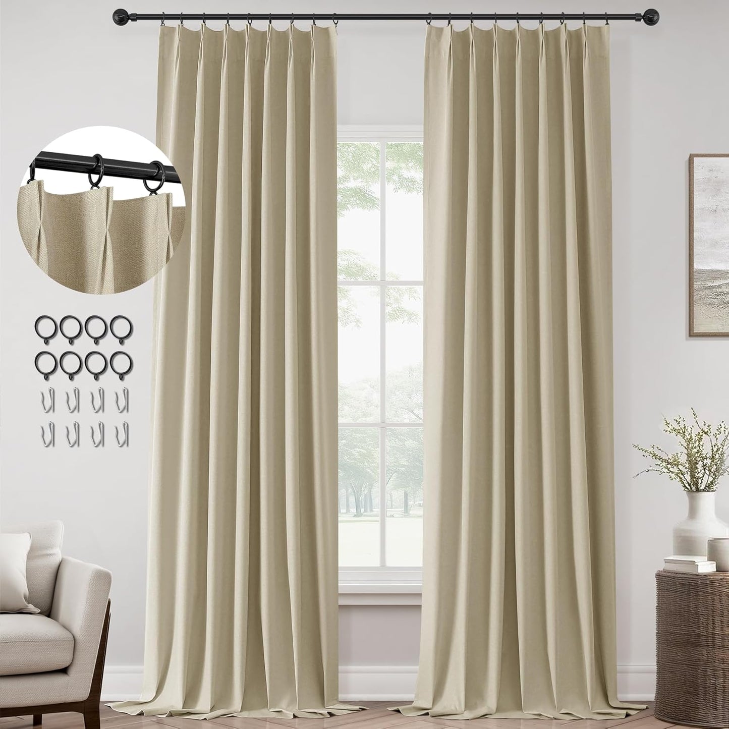 ChrisDowa Terracotta Pinch Pleated Blackout Linen Curtains 102 Inch Long 2 Panels for Living Room Bedroom Farmhouse Room darking Thermal Insulated Back Tab Hooks Rings Window Treatment Drapes,40x102