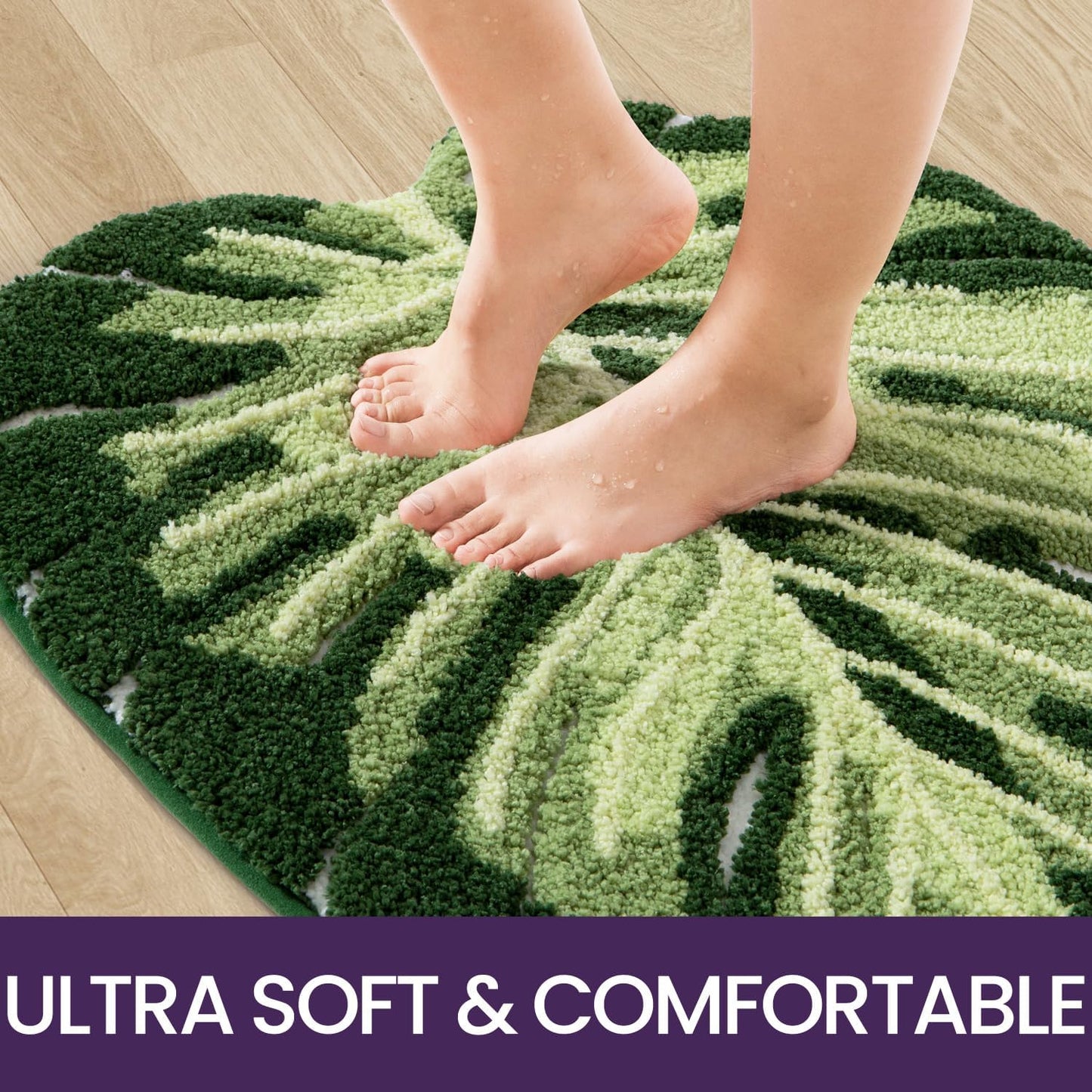 DEXI Leaf Bathroom Rugs Monstera, 23.5x31.5 Tropical Plant Shaped Bath Mat Green, Washable Shower Floor Bathmat Toilet Carpet Non Slip