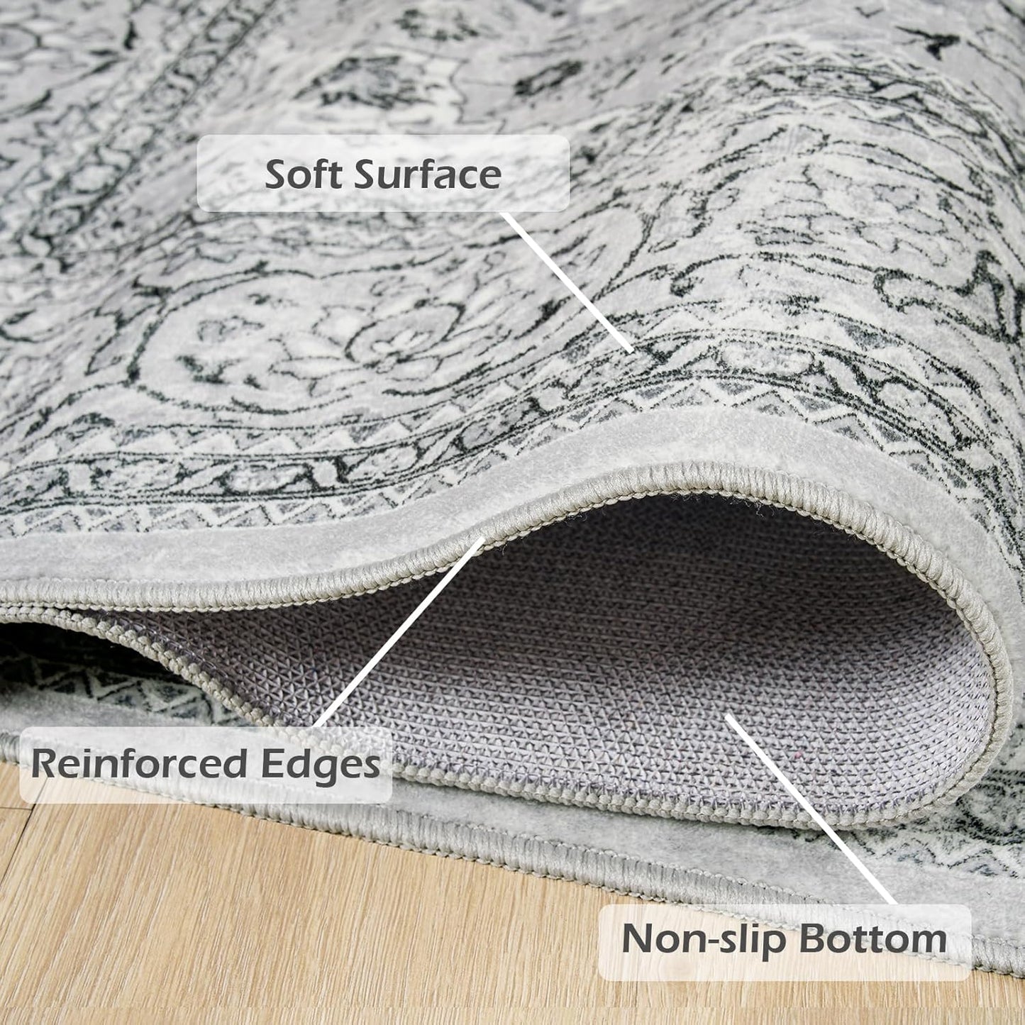 Washable Rug 4x6, Gray Area Rugs Non Slip, Indoor Low Pile Carpet with Rubber Backing for Living Room Kitchen Bathroom Entryway Office Bedroom