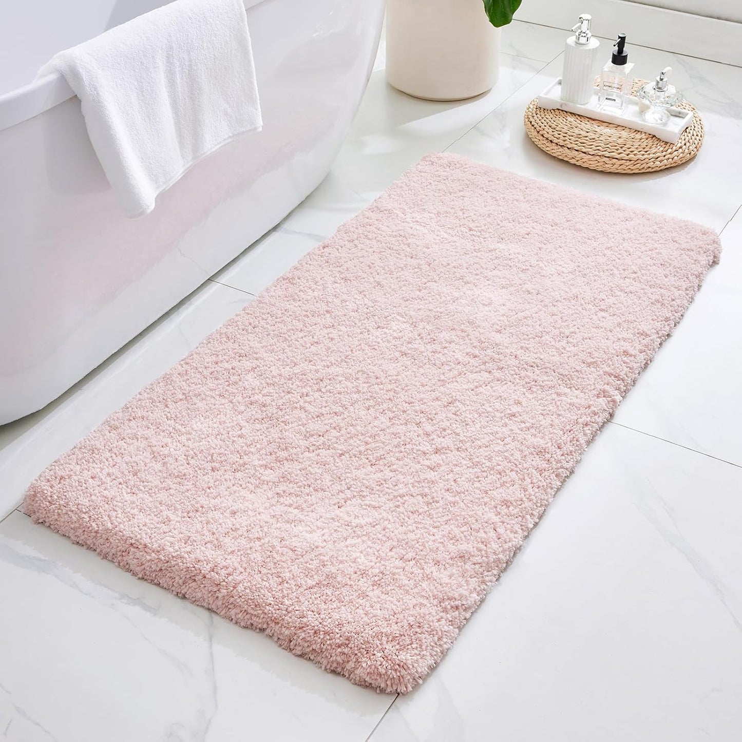 ILANGO Pink Bathroom Rugs 36" × 24" Non Slip & Super Absorbent Extra Thick Soft, Washable Bath Mat for Floor, Non Shedding Microfiber Plush Shaggy Bath Rug with Rubber for Bathtub Shower Room Sink