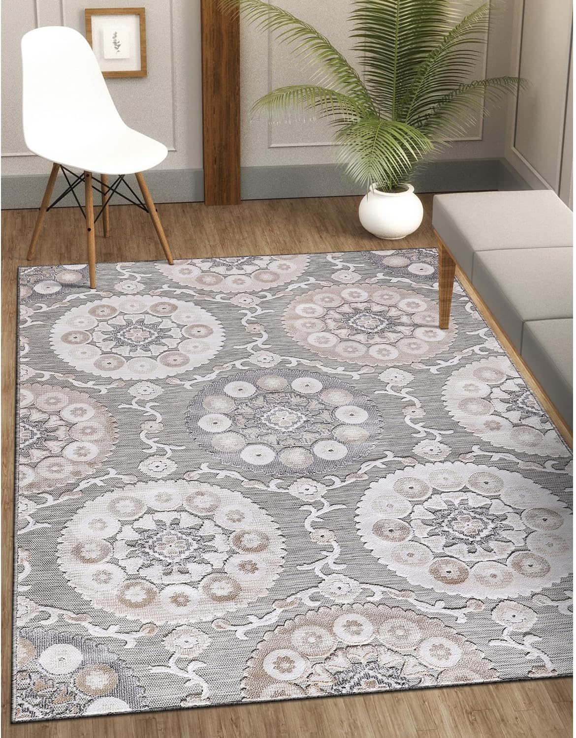 CAMILSON Indoor Outdoor Rug 8x10 Bohemian Medallion Floral Area Rugs for Indoor and Outdoor Patios Easy-Cleaning Non-Shedding Living Room Garden and Kitchen Washable Outside Carpet (8 x 10 / Beige)