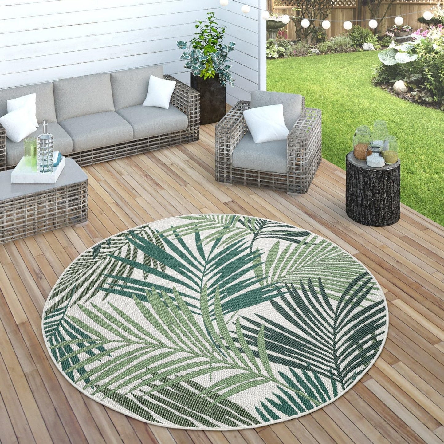 Indoor & Outdoor Rug Flat-Weave Jungle Floral Palm Trees Design Black Green, Size: 3'11" x 5'7"