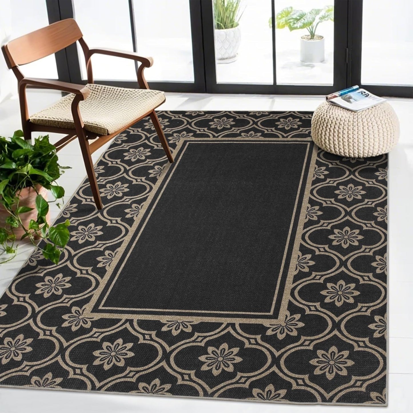 Floral Easy Jute Rug 5x7 Outdoor Patio Rug Washable Area Rugs for Living Room Bedroom Non Slip Neutral Farmhouse Indoor Outdoor Carpet for Backyard Patio Office