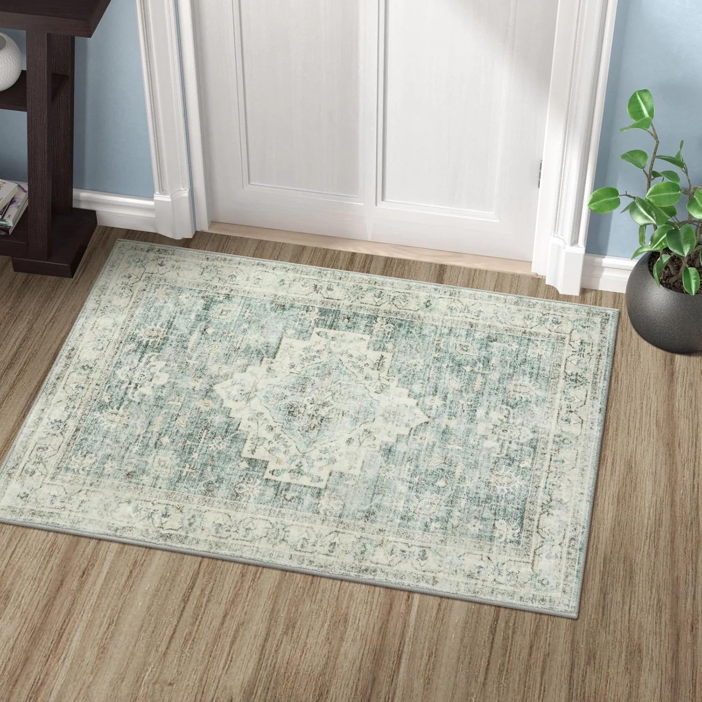 LIVEBOX Washable 2x6 Runner Rug for Bathroom, Non Slip Kitchen Mats for Floor Entryway, Boho Indoor Front Door Mat Low-Pile Runners for Hallways, Farmhouse Rugs for Laundry, Sage Green