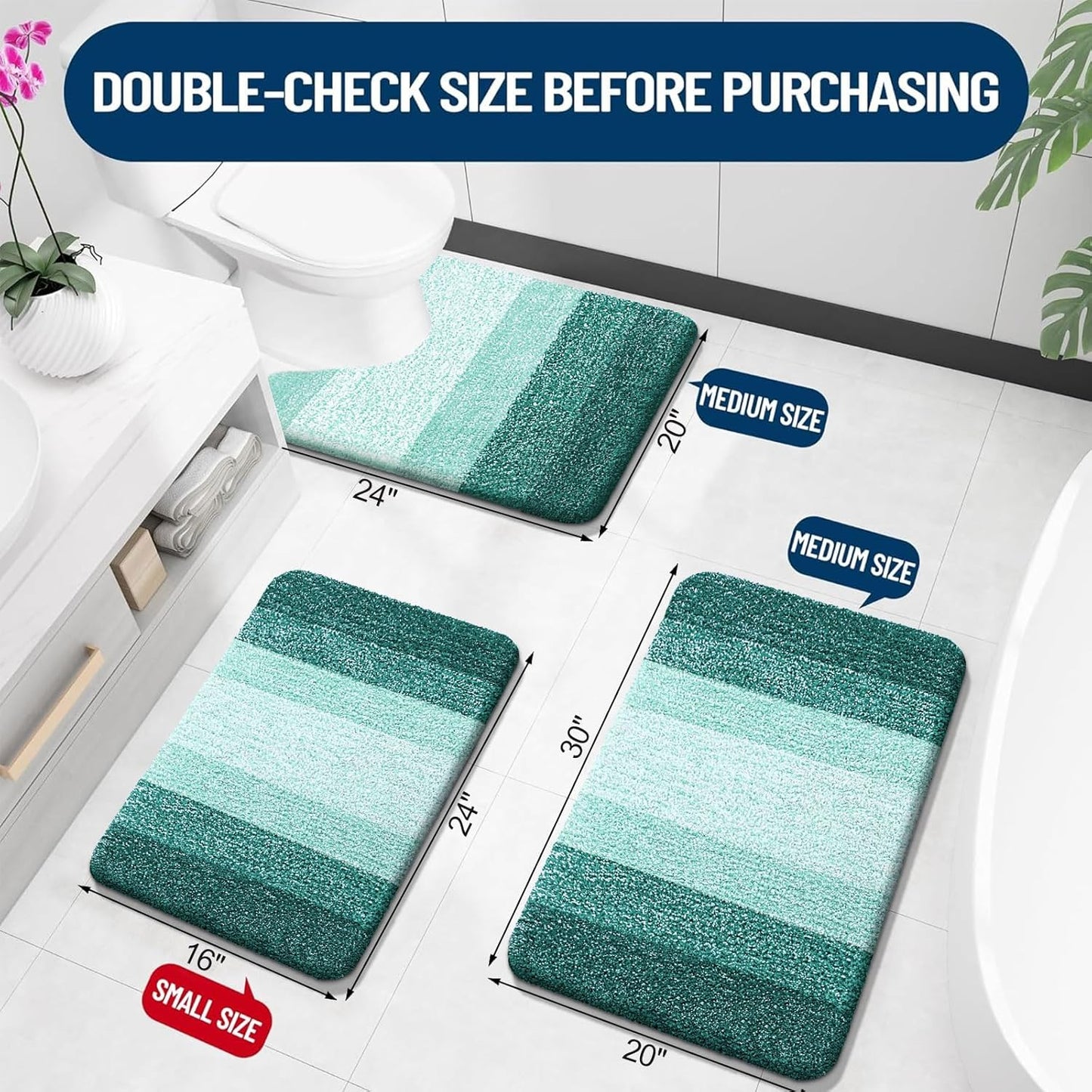 OLANLY Bathroom Rugs Sets 3 Piece, Soft Absorbent Microfiber Bath Mats and U-Shaped Contour Toilet Rug, Plush Shaggy Bath Mat Set for Bathroom (30"x20"+24"x16"+24"x20", Blackish Green)