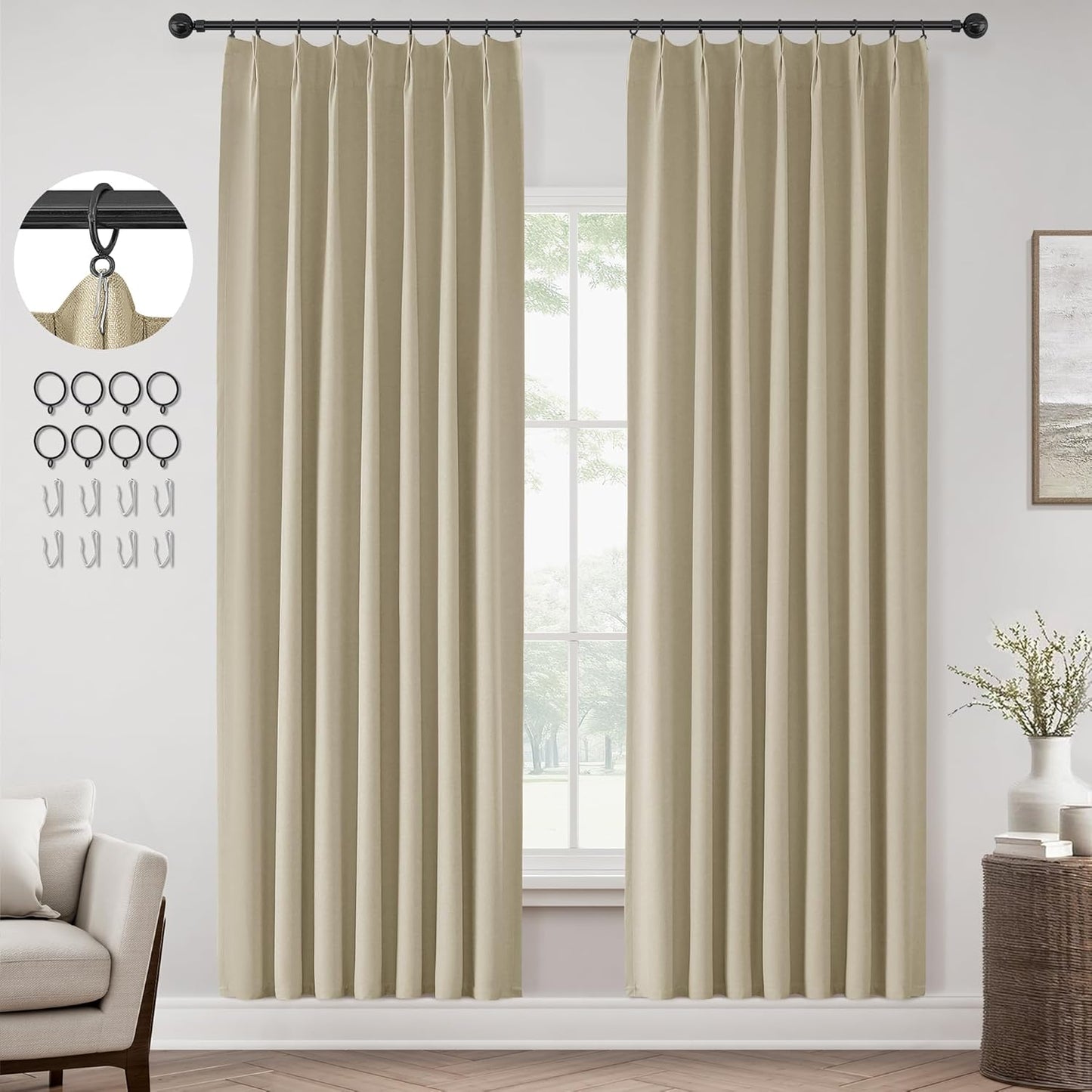 ChrisDowa Terracotta Pinch Pleated Blackout Linen Curtains 102 Inch Long 2 Panels for Living Room Bedroom Farmhouse Room darking Thermal Insulated Back Tab Hooks Rings Window Treatment Drapes,40x102