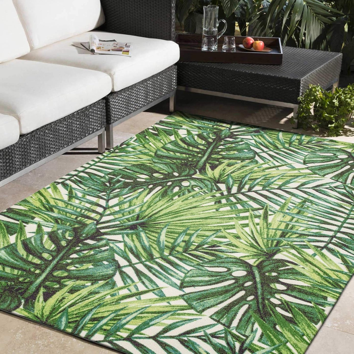 DECOMALL Outdoor Rugs for Patio Deck Porch Balcony Backyard, Green Blue Flower, 5'x7'
