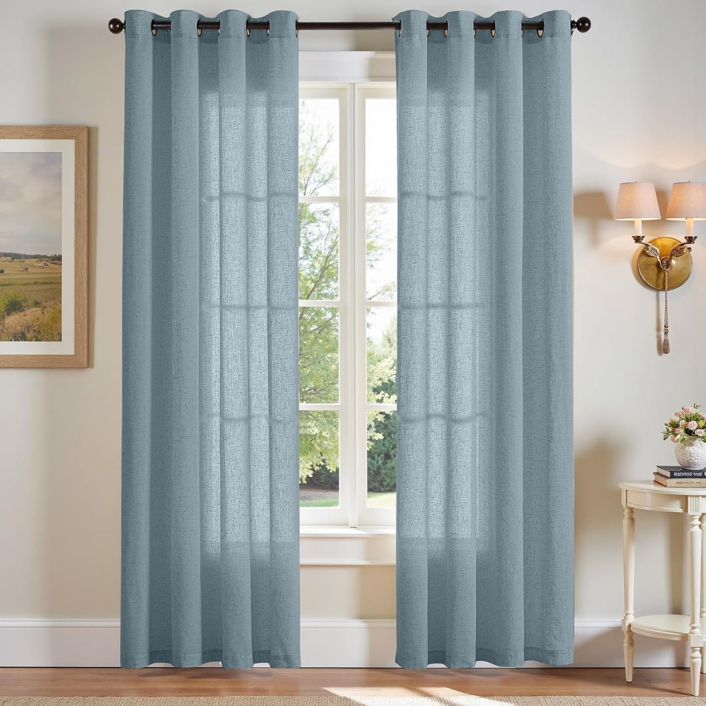 jinchan Linen Blend Semi Sheer Curtains 50W x 84L Inch Beige for Bedroom Curtains Light Weight Soft Window Grommet Drapes 2-Panel Set