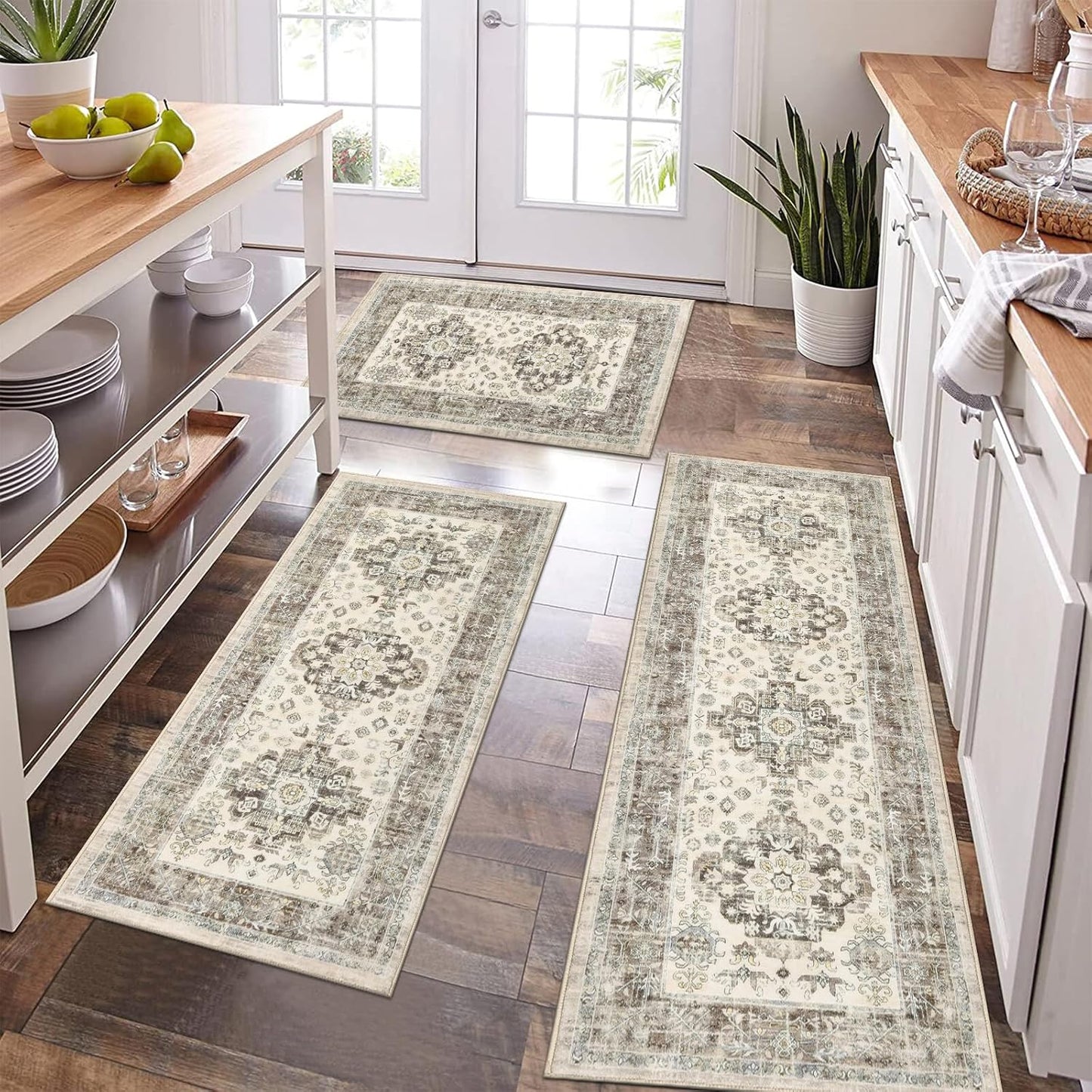 Pauwer Kitchen Mats for Floor 3 Piece Set Boho Non Slip Kitchen Rugs Washable Farmhouse Kitchen Floor Mats Thick Long Kitchen Throw Area Rug Carpet Runner for Hallway Entryway Laundry Bathroom, Blue