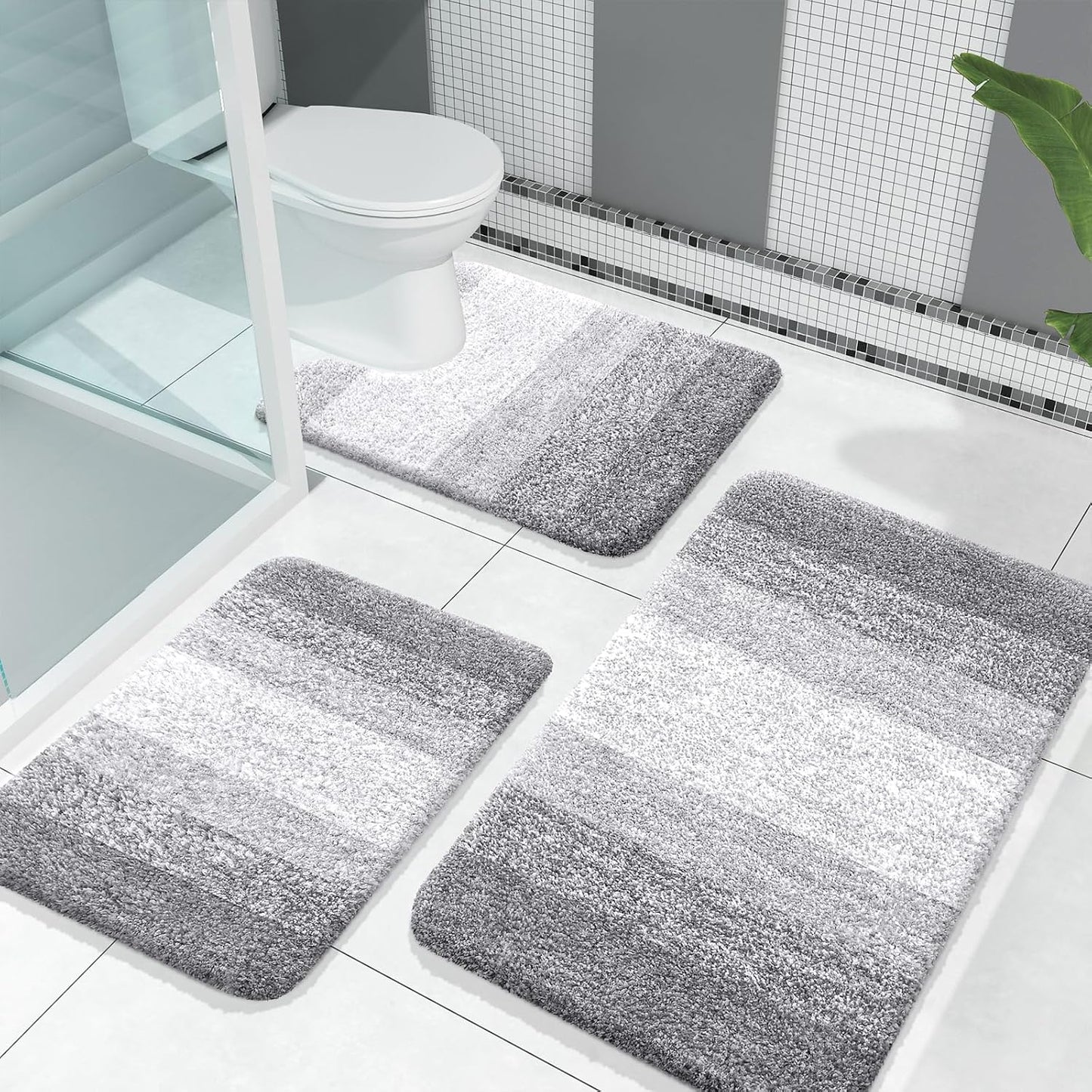 OLANLY Bathroom Rugs Sets 3 Piece, Soft Absorbent Microfiber Bath Mats and U-Shaped Contour Toilet Rug, Plush Shaggy Bath Mat Set for Bathroom (30"x20"+24"x16"+24"x20", Blackish Green)