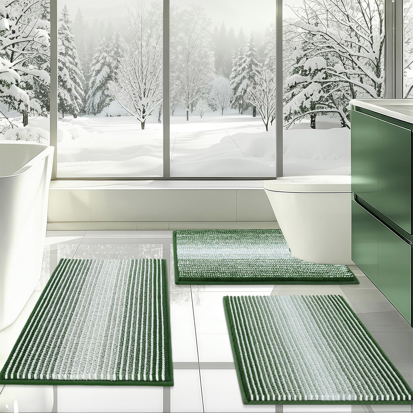 BSICPRO Bathroom Rugs Sets 3 Piece, Toilet Rugs U-Shaped Contour Bath Mat Set, Long Striped Absorbent Non Slip Chenille Shower Mat, Sage