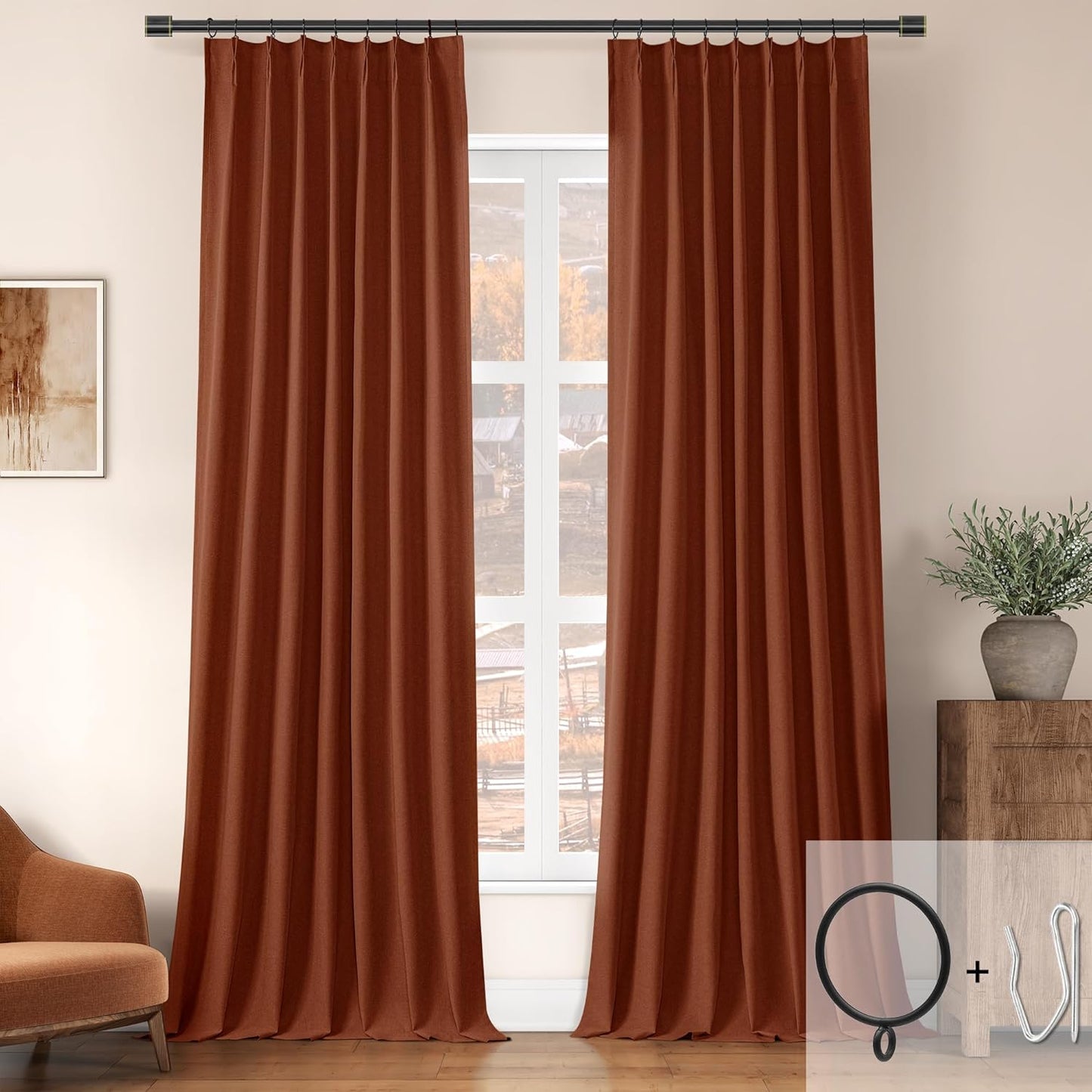 ChrisDowa Terracotta Pinch Pleated Blackout Linen Curtains 102 Inch Long 2 Panels for Living Room Bedroom Farmhouse Room darking Thermal Insulated Back Tab Hooks Rings Window Treatment Drapes,40x102