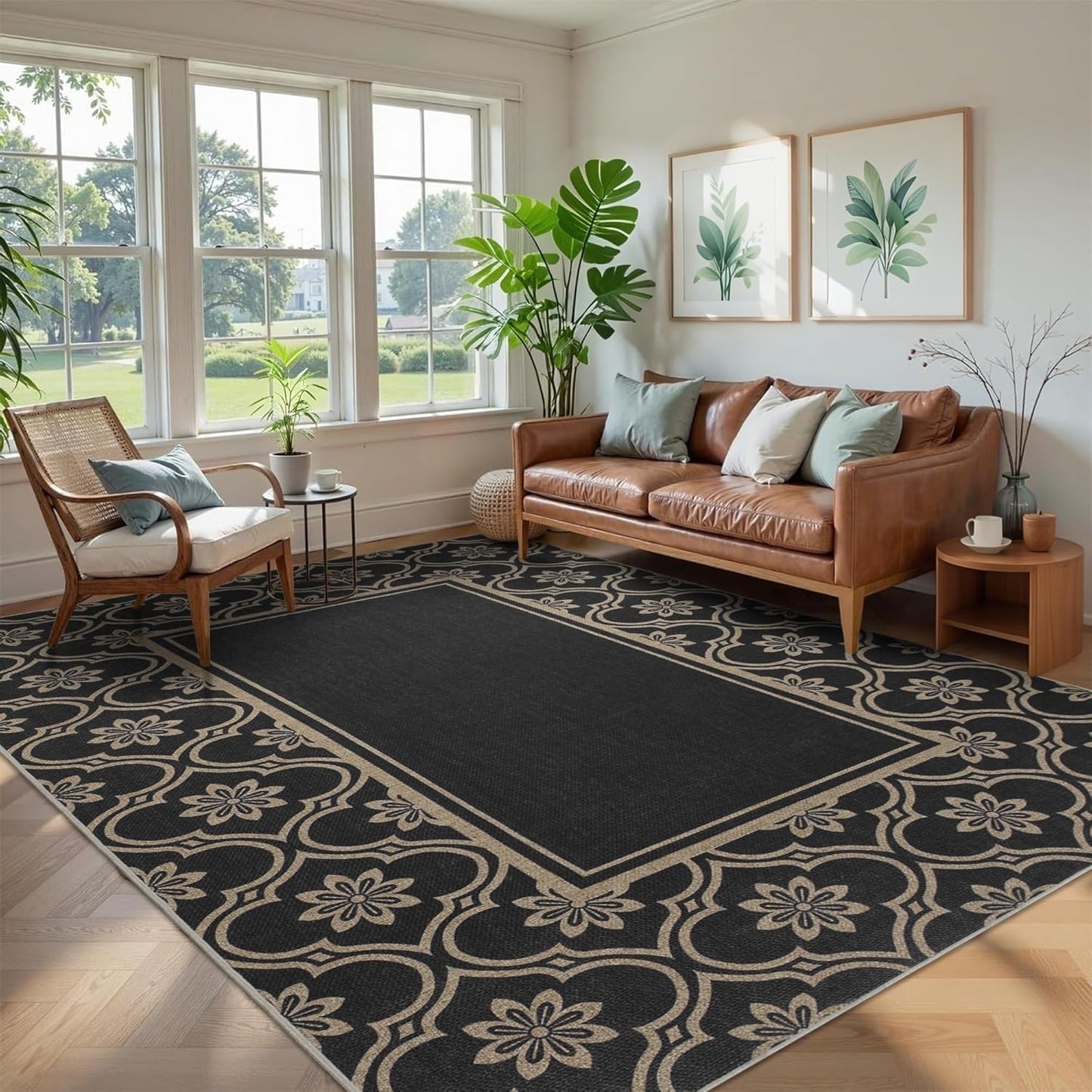 Floral Easy Jute Rug 5x7 Outdoor Patio Rug Washable Area Rugs for Living Room Bedroom Non Slip Neutral Farmhouse Indoor Outdoor Carpet for Backyard Patio Office