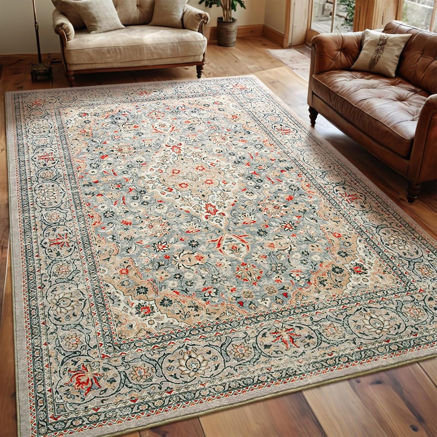 Washable Rug 4x6, Gray Area Rugs Non Slip, Indoor Low Pile Carpet with Rubber Backing for Living Room Kitchen Bathroom Entryway Office Bedroom