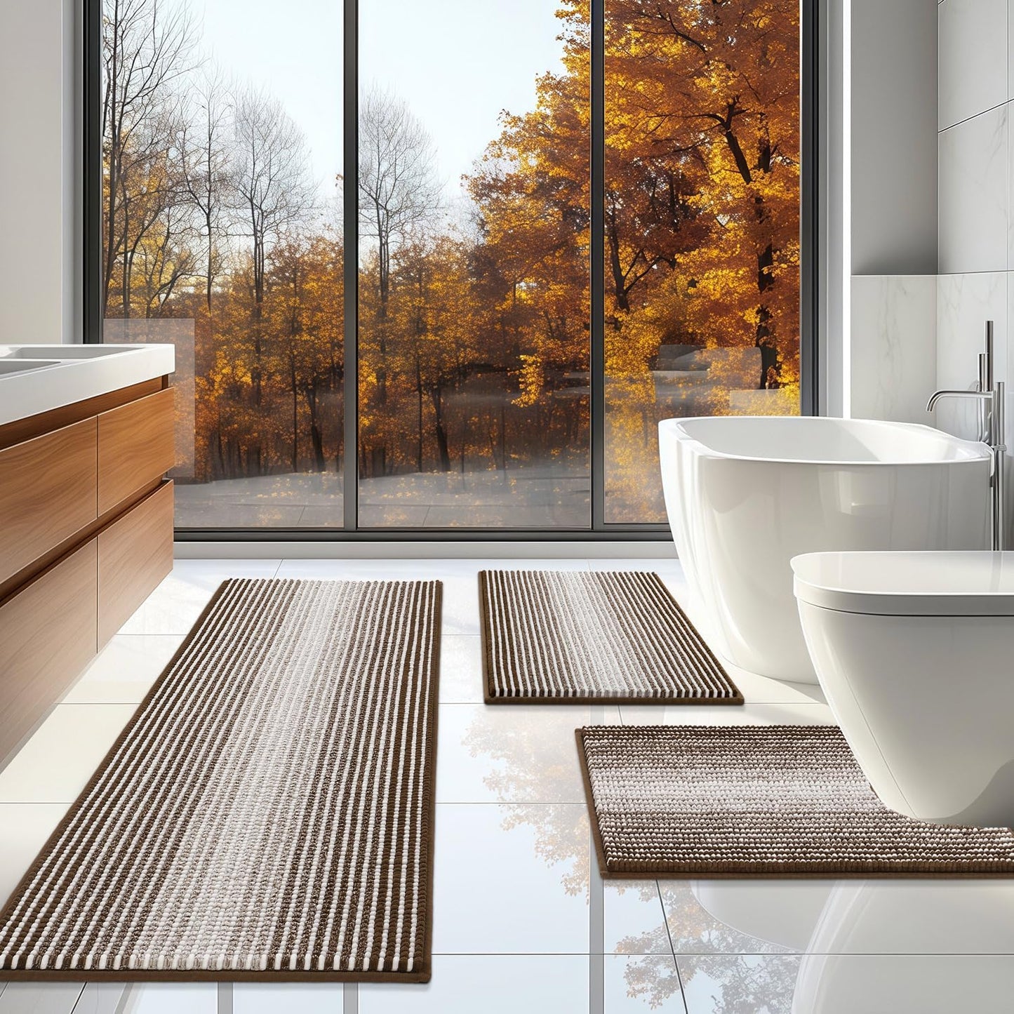 BSICPRO Bathroom Rugs Sets 3 Piece, Toilet Rugs U-Shaped Contour Bath Mat Set, Long Striped Absorbent Non Slip Chenille Shower Mat, Sage