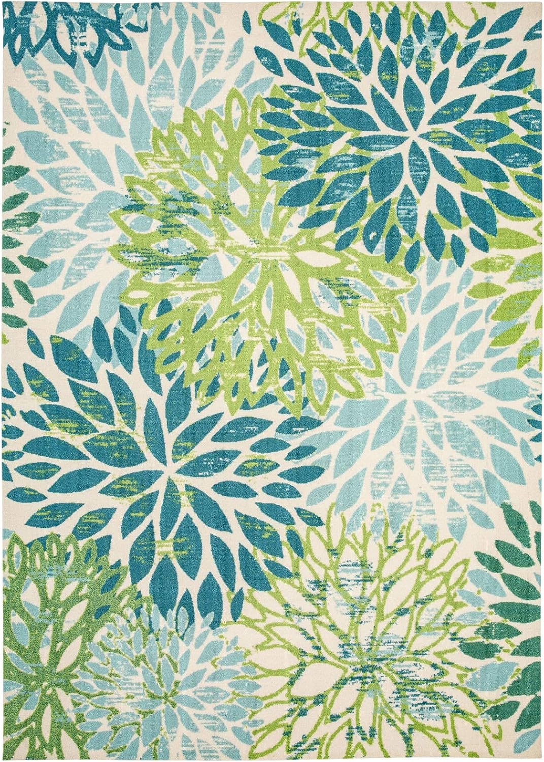 DECOMALL Outdoor Rugs for Patio Deck Porch Balcony Backyard, Green Blue Flower, 5'x7'