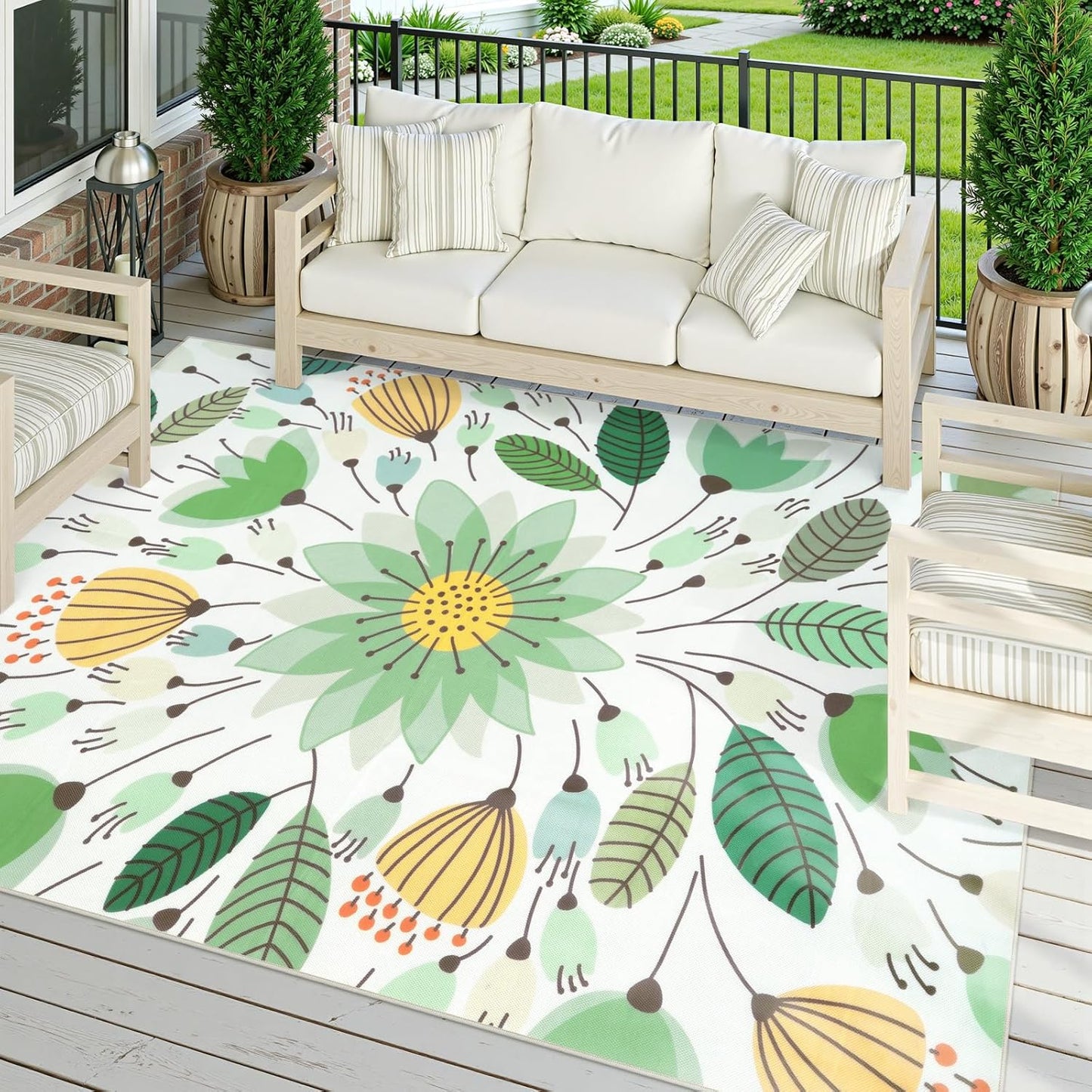 Uphome Blue Floral Patio Rug 6x9 ft, Breathable & Quick Drying Outdoor Rug Carpet, Non-Slip Washable RV Camping Mat, Flower Indoor Outdoor Area Rug for Backyard Garden Deck Balcony Picnic, 6'x9'